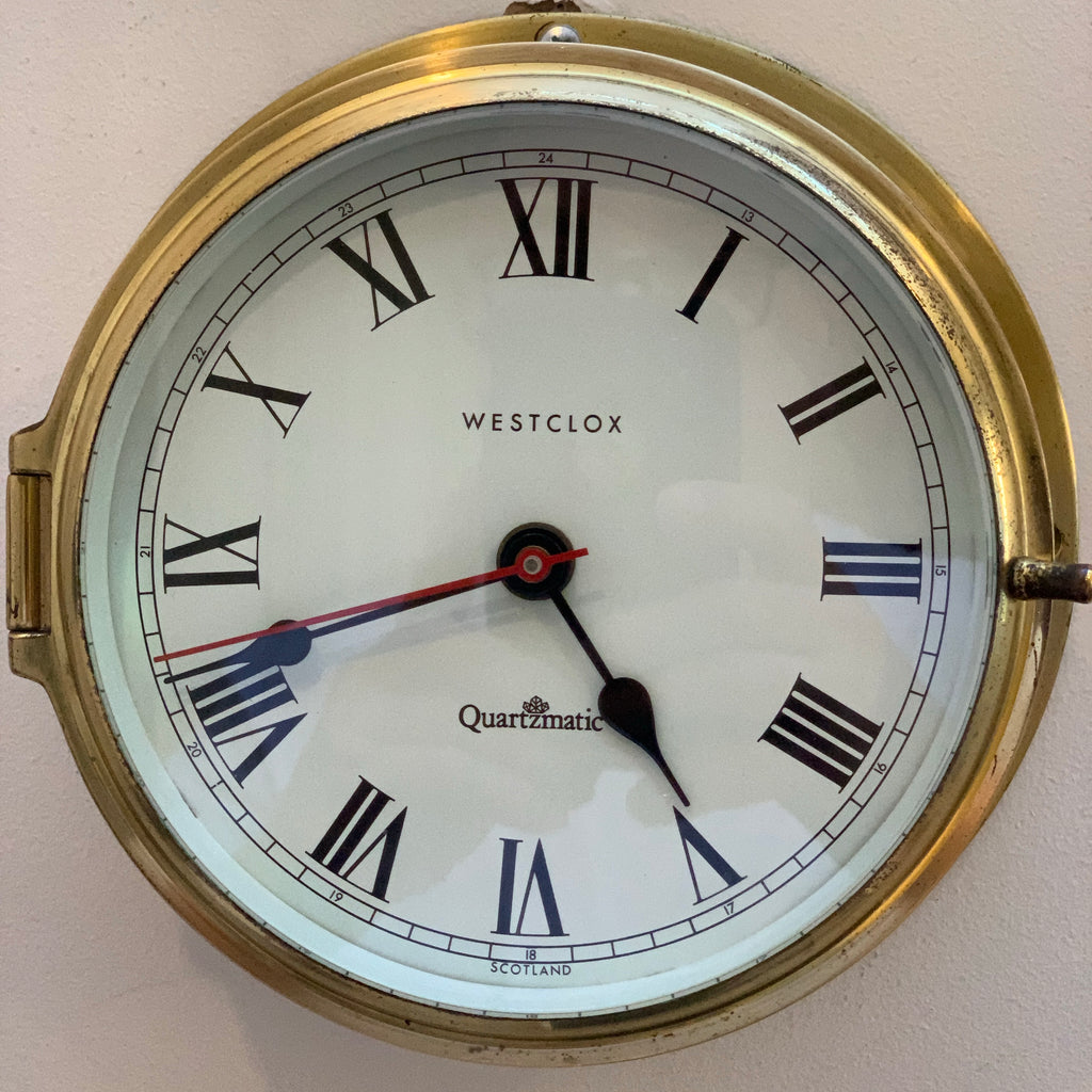 Westclox Quartzmatic Scotland Brass Ships Clock – 1970s Porthole Bulkhead Roman Numeral 8 Inch