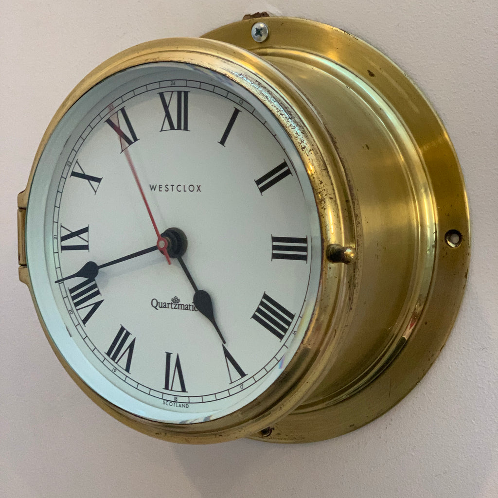Westclox Quartzmatic Scotland Brass Ships Clock – 1970s Porthole Bulkhead Roman Numeral 8 Inch