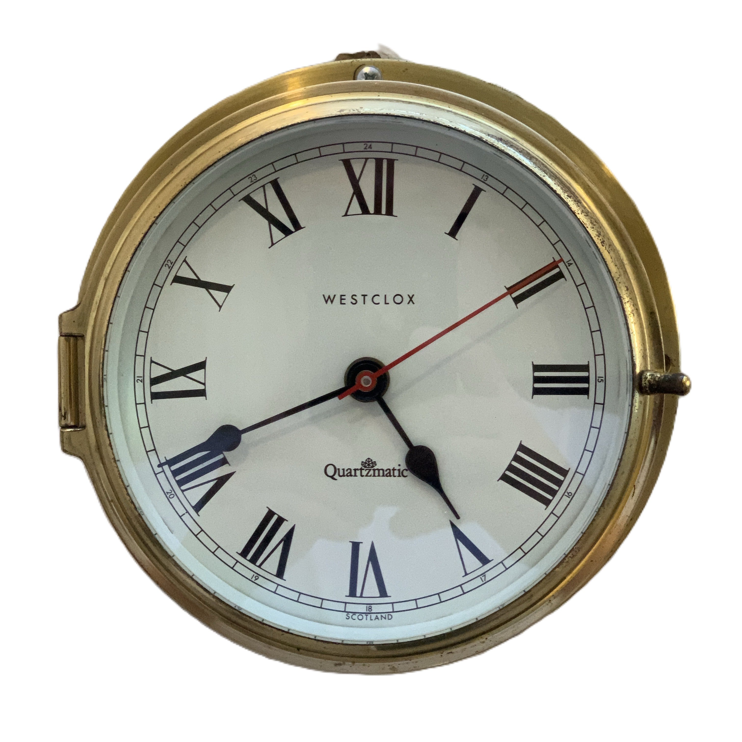 Westclox Quartzmatic Scotland Brass Ships Clock – 1970s Porthole Bulkhead Roman Numeral 8 Inch