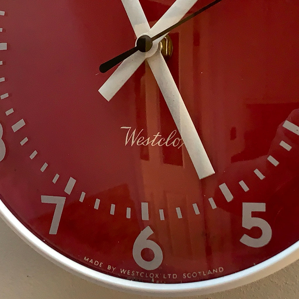 Westclox Red Dial Wall Clock, Made in Scotland, 1960s, Rare Colourway, Screen Printed Glass