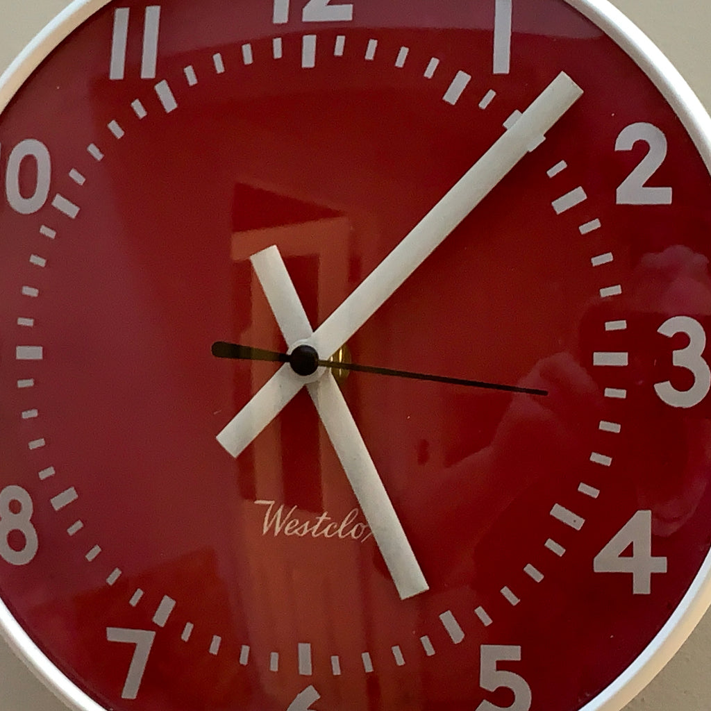 Westclox Red Dial Wall Clock, Made in Scotland, 1960s, Rare Colourway, Screen Printed Glass