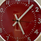 Westclox Red Dial Wall Clock, Made in Scotland, 1960s, Rare Colourway, Screen Printed Glass