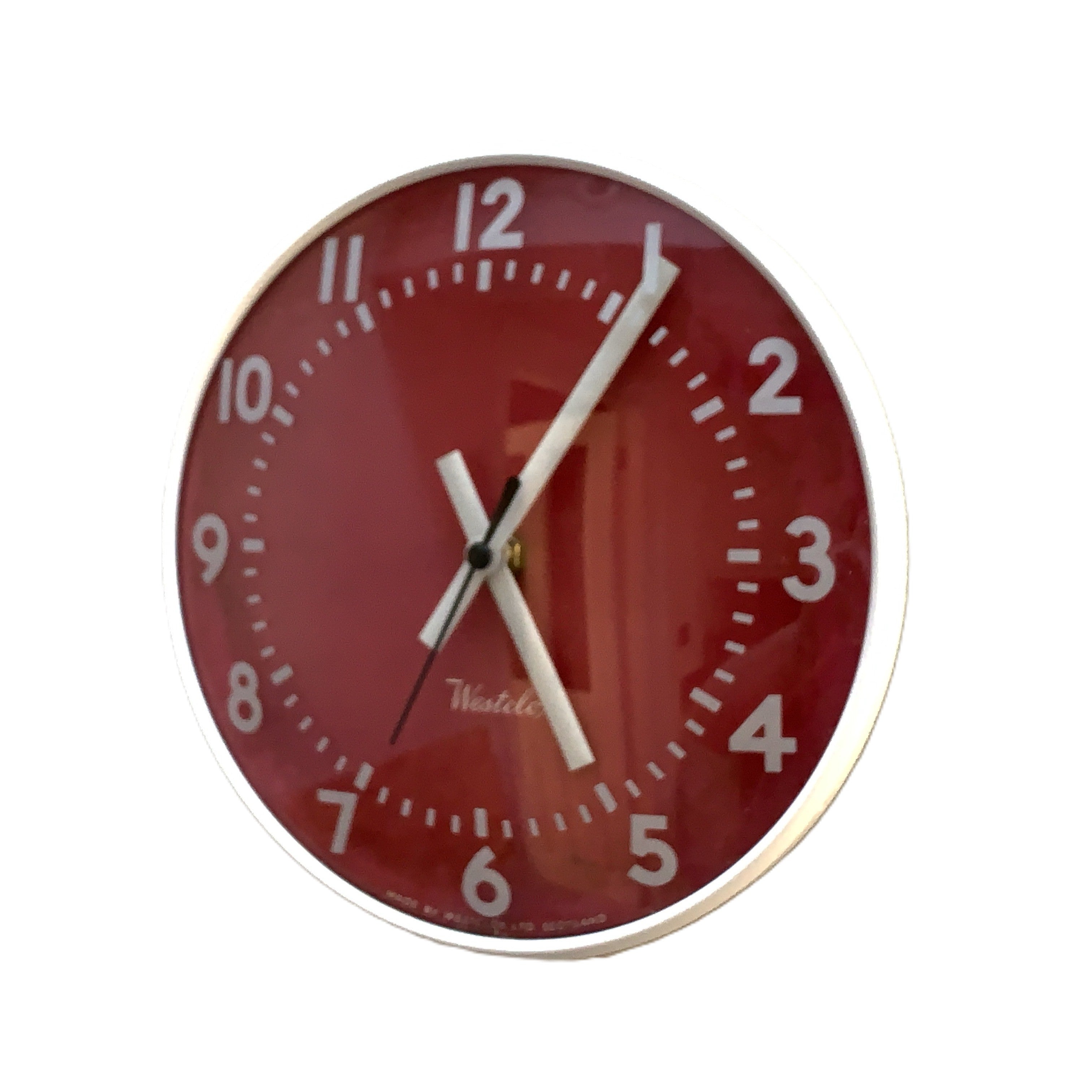 Westclox Red Dial Wall Clock, Made in Scotland, 1960s, Rare Colourway, Screen Printed Glass