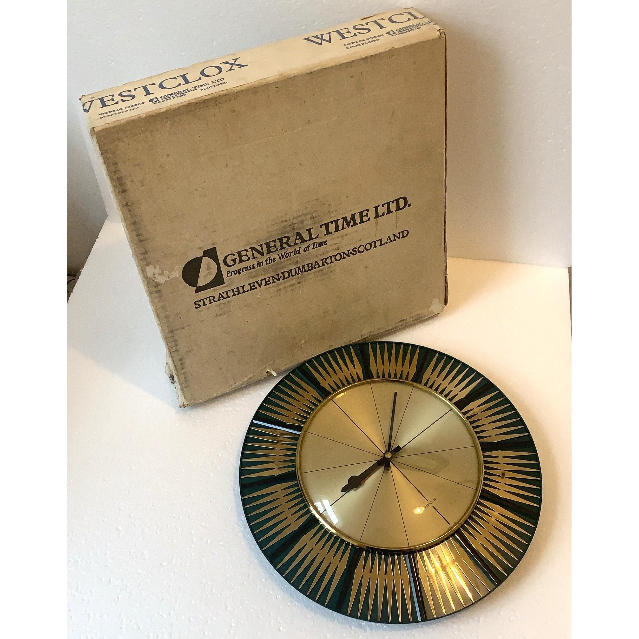 Westclox Scotland Wall Clock – Late 1960s Teal Green Gold Starburst 12 Inch NOS Original Box Mains