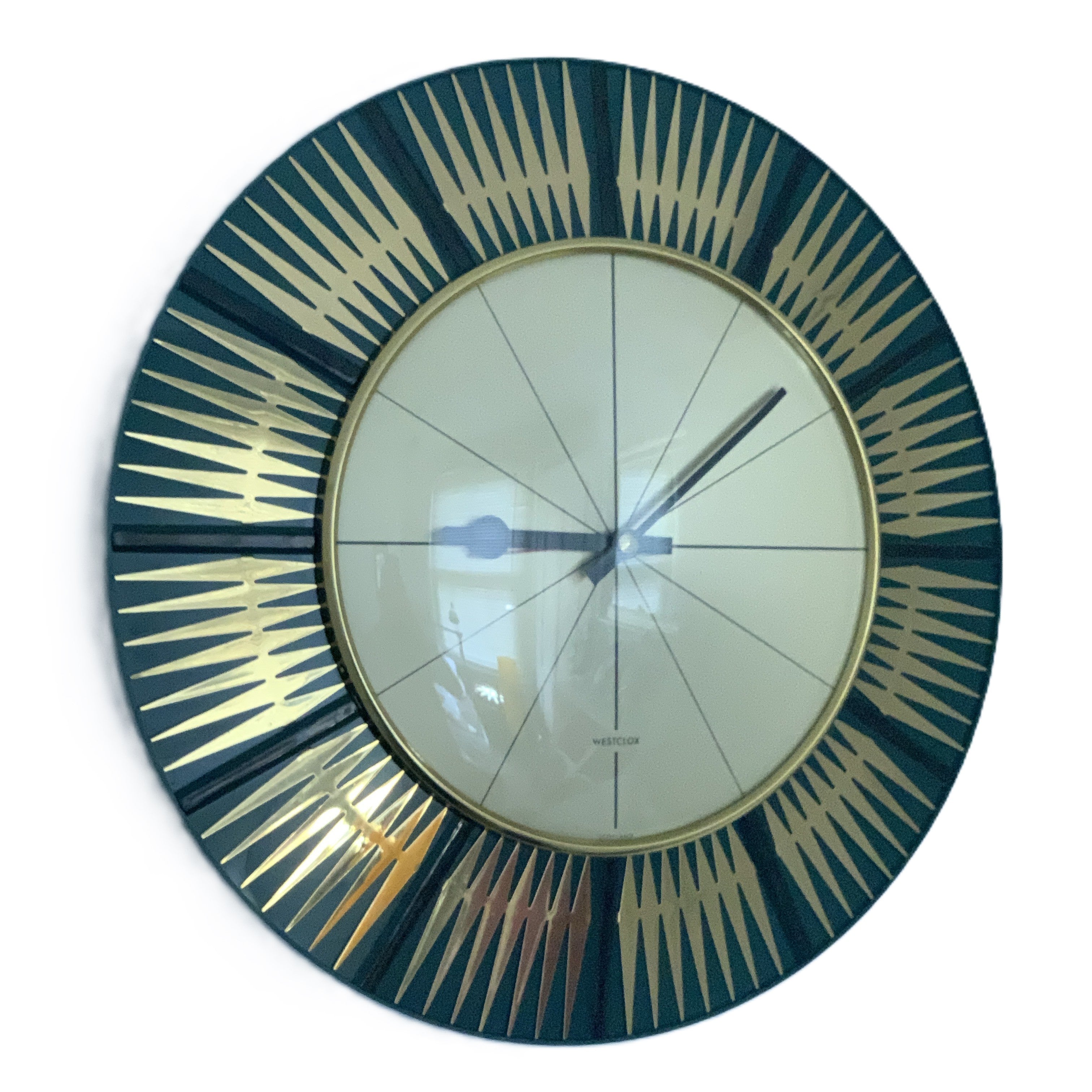 Westclox Scotland Wall Clock – Late 1960s Teal Green Gold Starburst 12 Inch NOS Original Box Mains