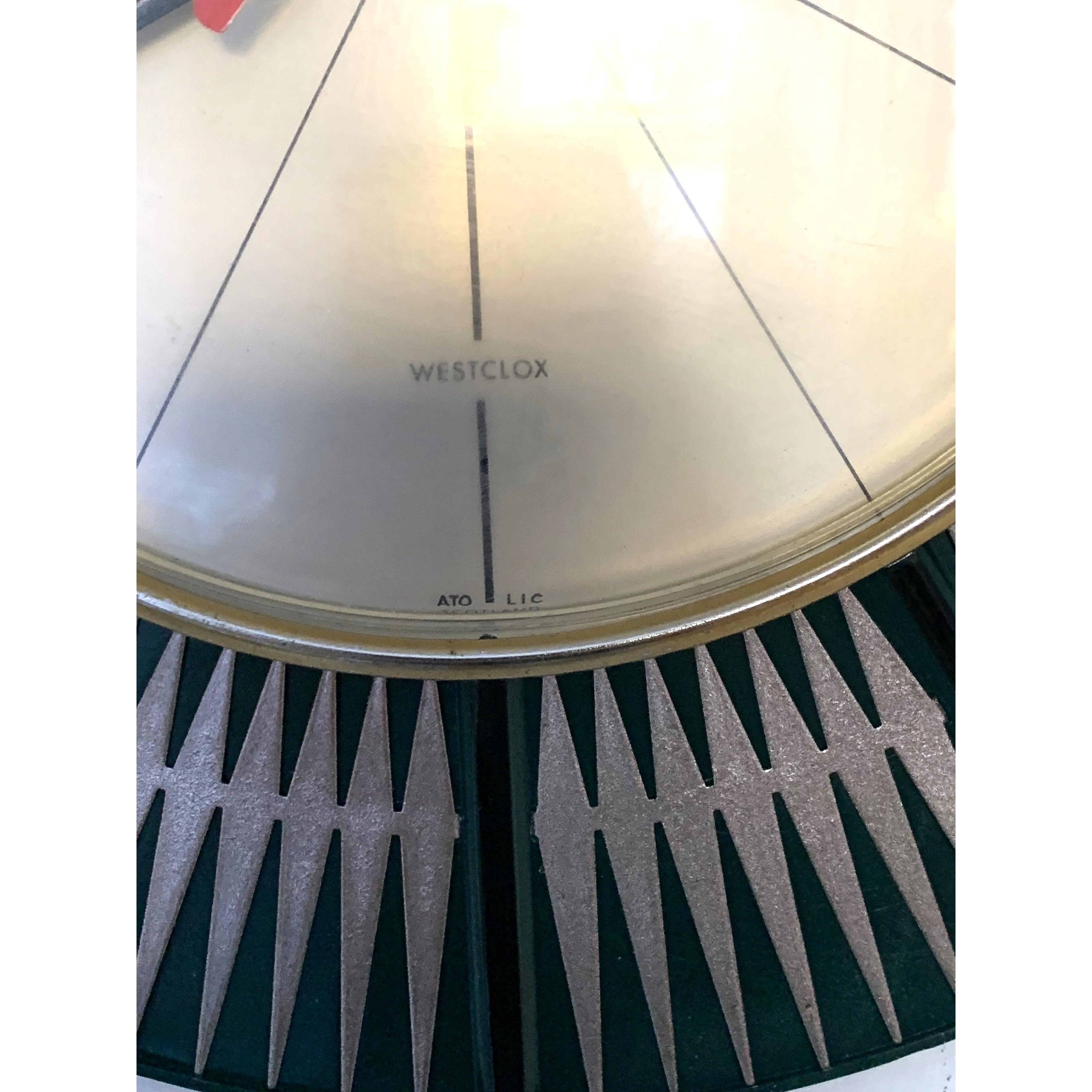 Westclox Starburst Wall Clock – 1970s Dark Green Pierced Brass Champagne Dial 12 Inch