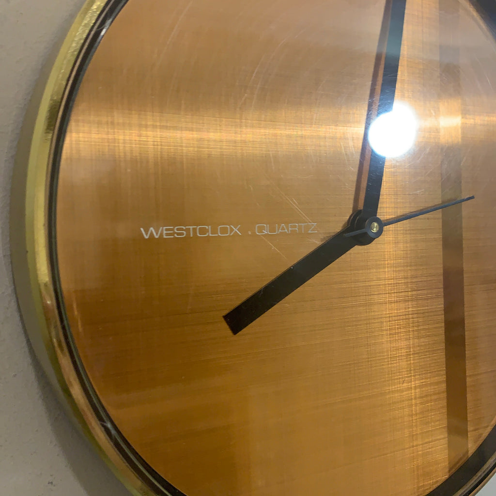 Westclox Wall Clock Copper Dial Silent Quartz Brass Bezel Vintage 1980s