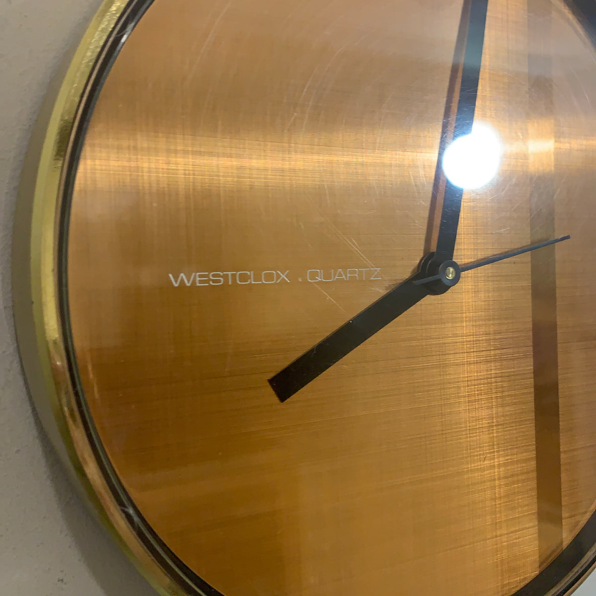 Westclox Wall Clock Copper Dial Silent Quartz Brass Bezel Vintage 1980s