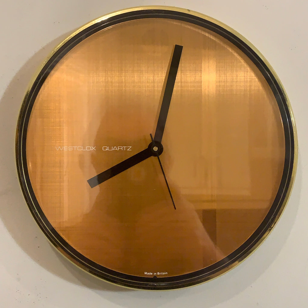 Westclox Wall Clock Copper Dial Silent Quartz Brass Bezel Vintage 1980s