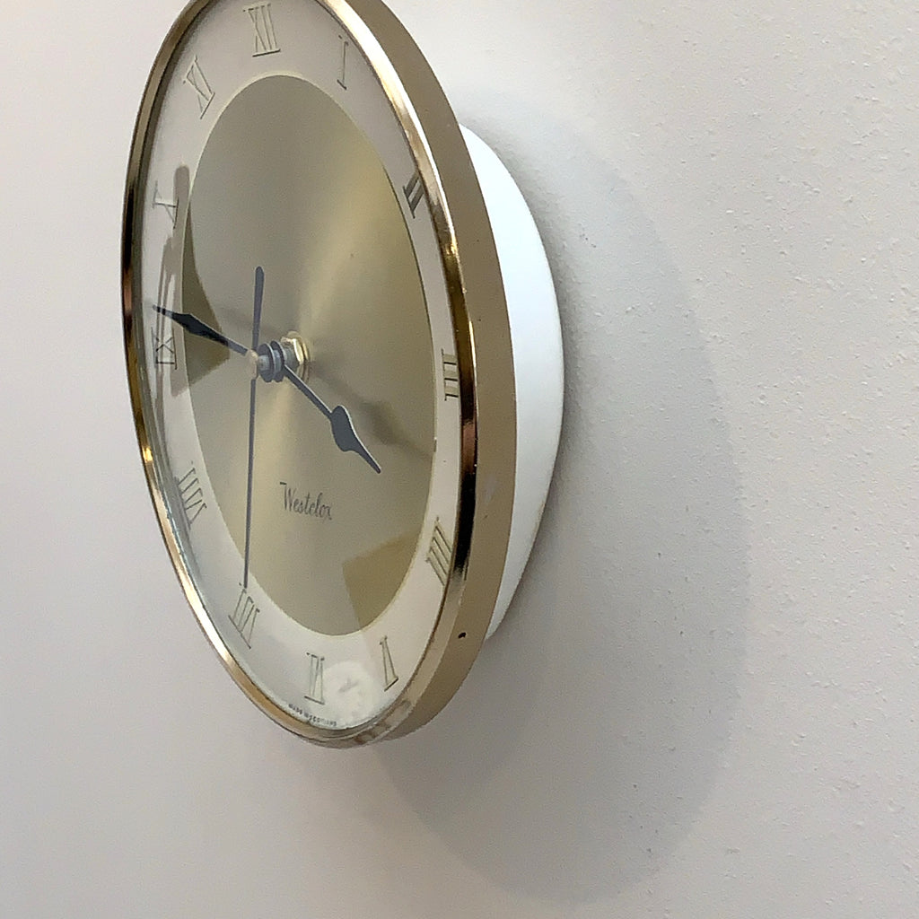 Westclox Wall Clock, Gold Sunburst Dial, Roman Numerals, Made in Scotland, 1960s