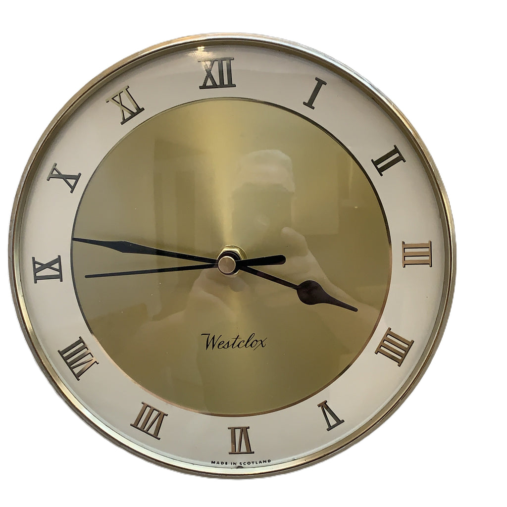 Westclox Wall Clock, Gold Sunburst Dial, Roman Numerals, Made in Scotland, 1960s