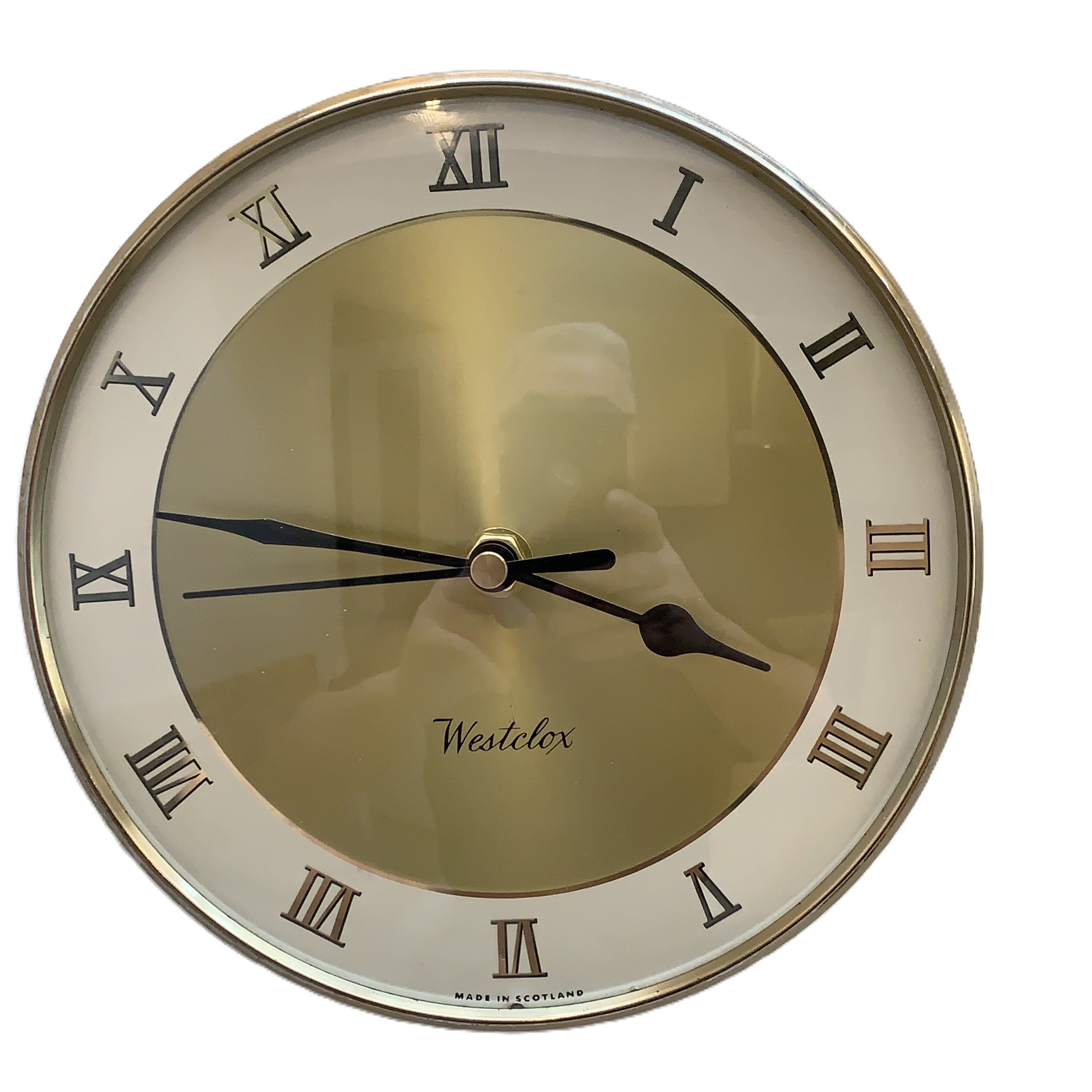 Westclox Wall Clock, Gold Sunburst Dial, Roman Numerals, Made in Scotland, 1960s
