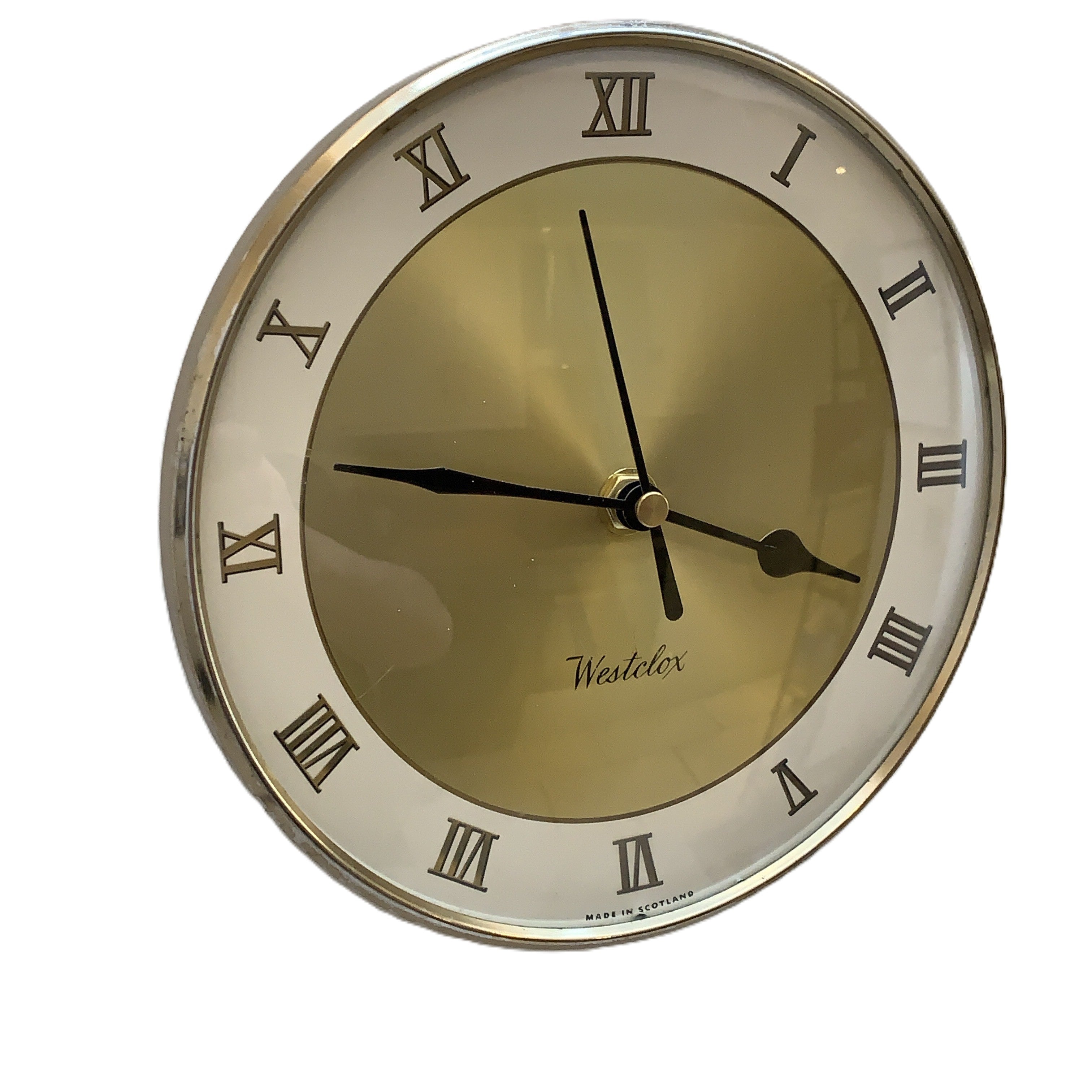Westclox Wall Clock, Gold Sunburst Dial, Roman Numerals, Made in Scotland, 1960s
