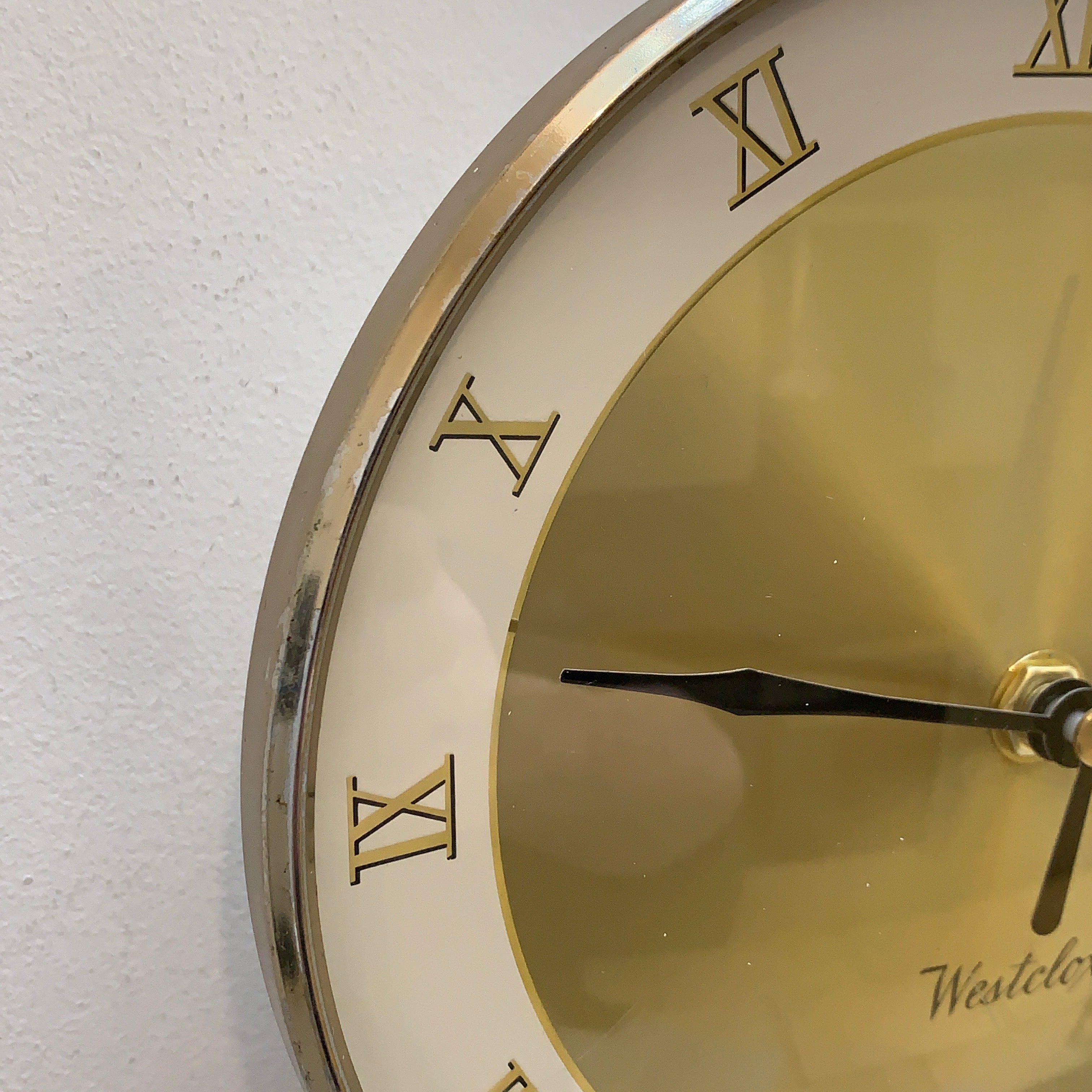 Westclox Wall Clock, Gold Sunburst Dial, Roman Numerals, Made in Scotland, 1960s