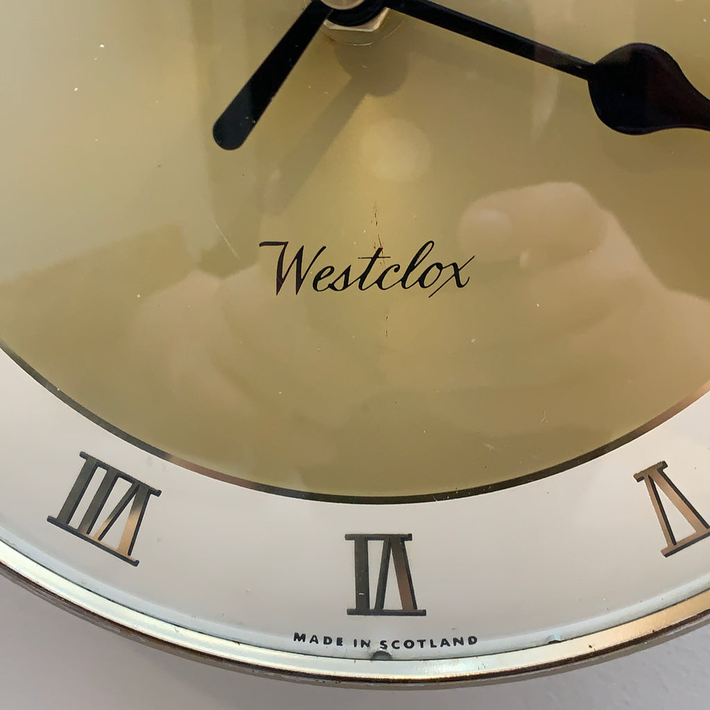 Westclox Wall Clock, Gold Sunburst Dial, Roman Numerals, Made in Scotland, 1960s