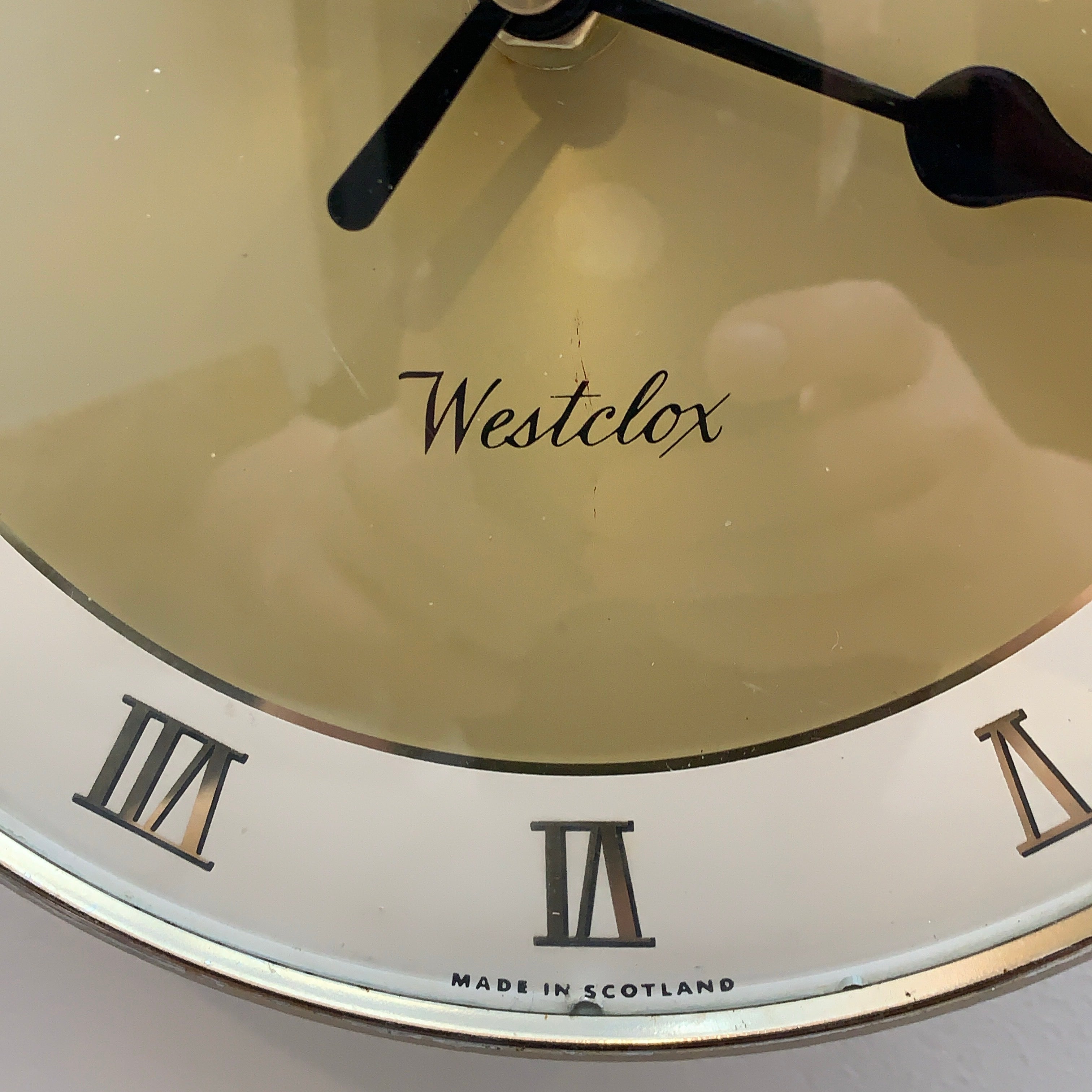 Westclox Wall Clock, Gold Sunburst Dial, Roman Numerals, Made in Scotland, 1960s