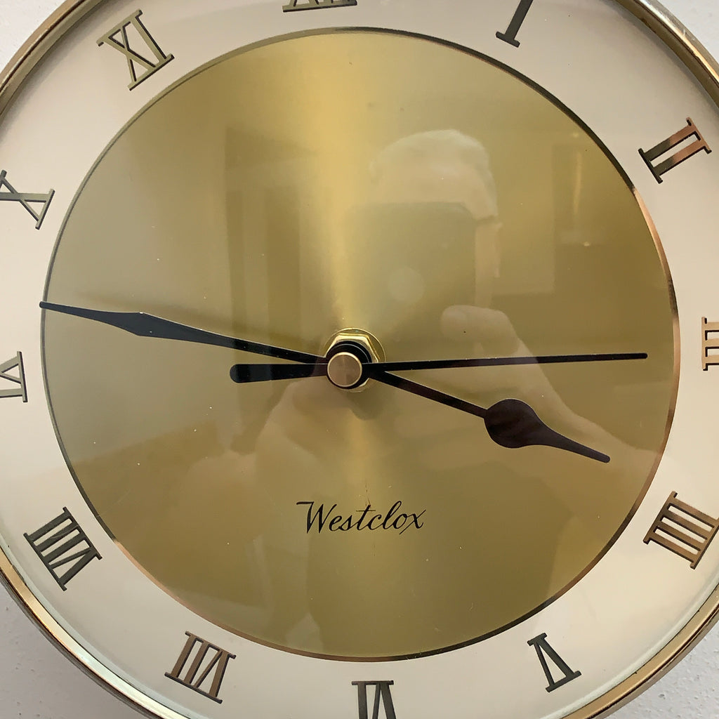 Westclox Wall Clock, Gold Sunburst Dial, Roman Numerals, Made in Scotland, 1960s