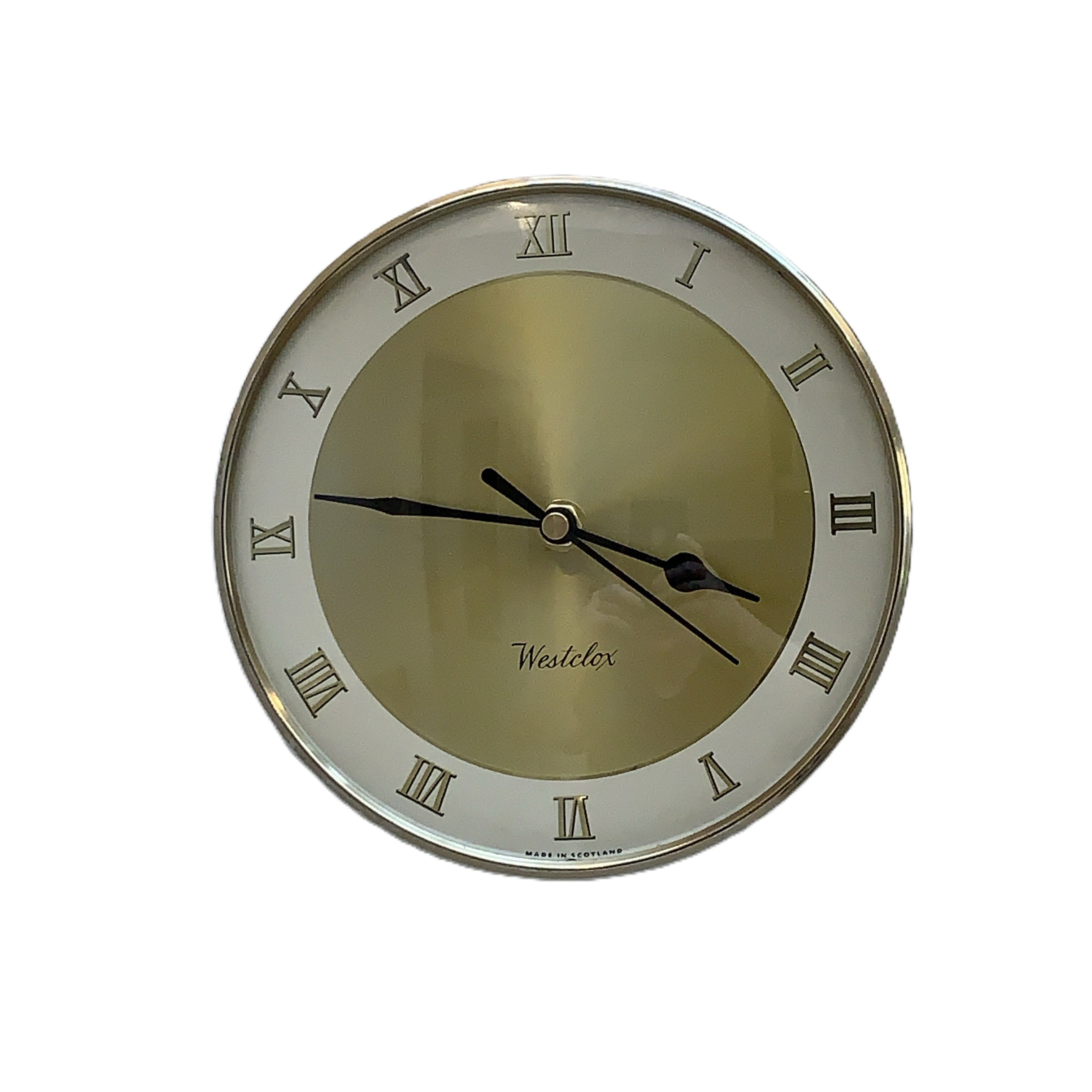 Westclox Wall Clock, Gold Sunburst Dial, Roman Numerals, Made in Scotland, 1960s