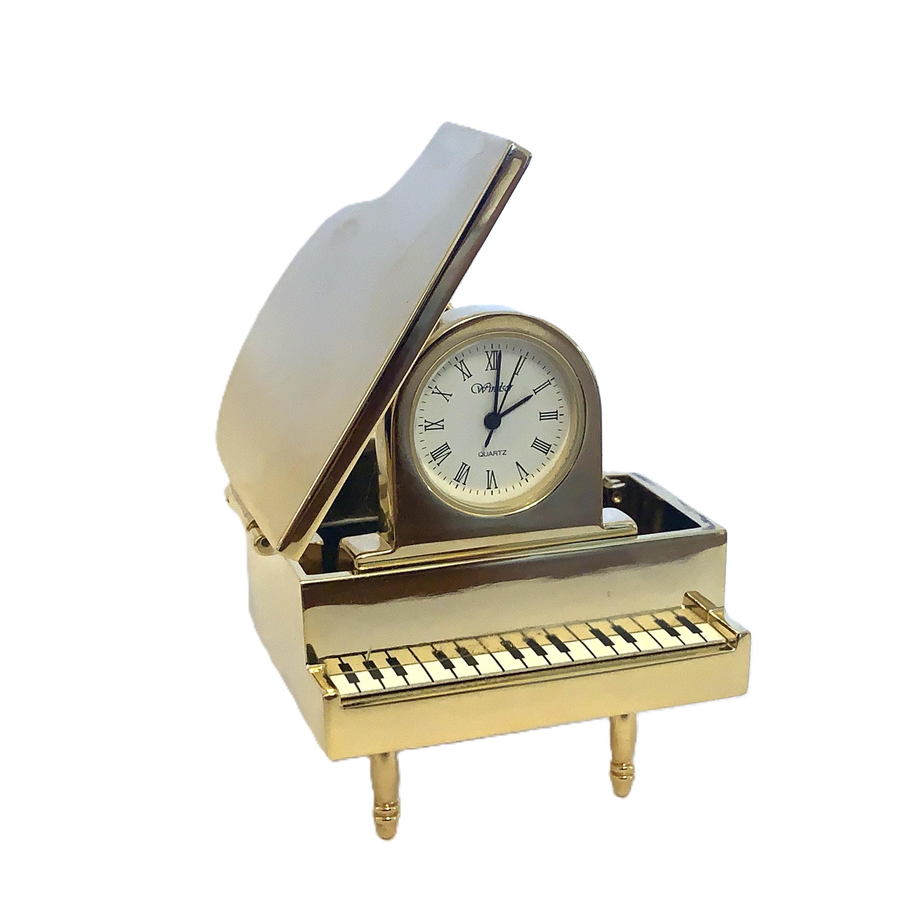Windsor Grand Piano Desk Clock – Solid Brass, 1980s, Opening Lid, Roman Numerals