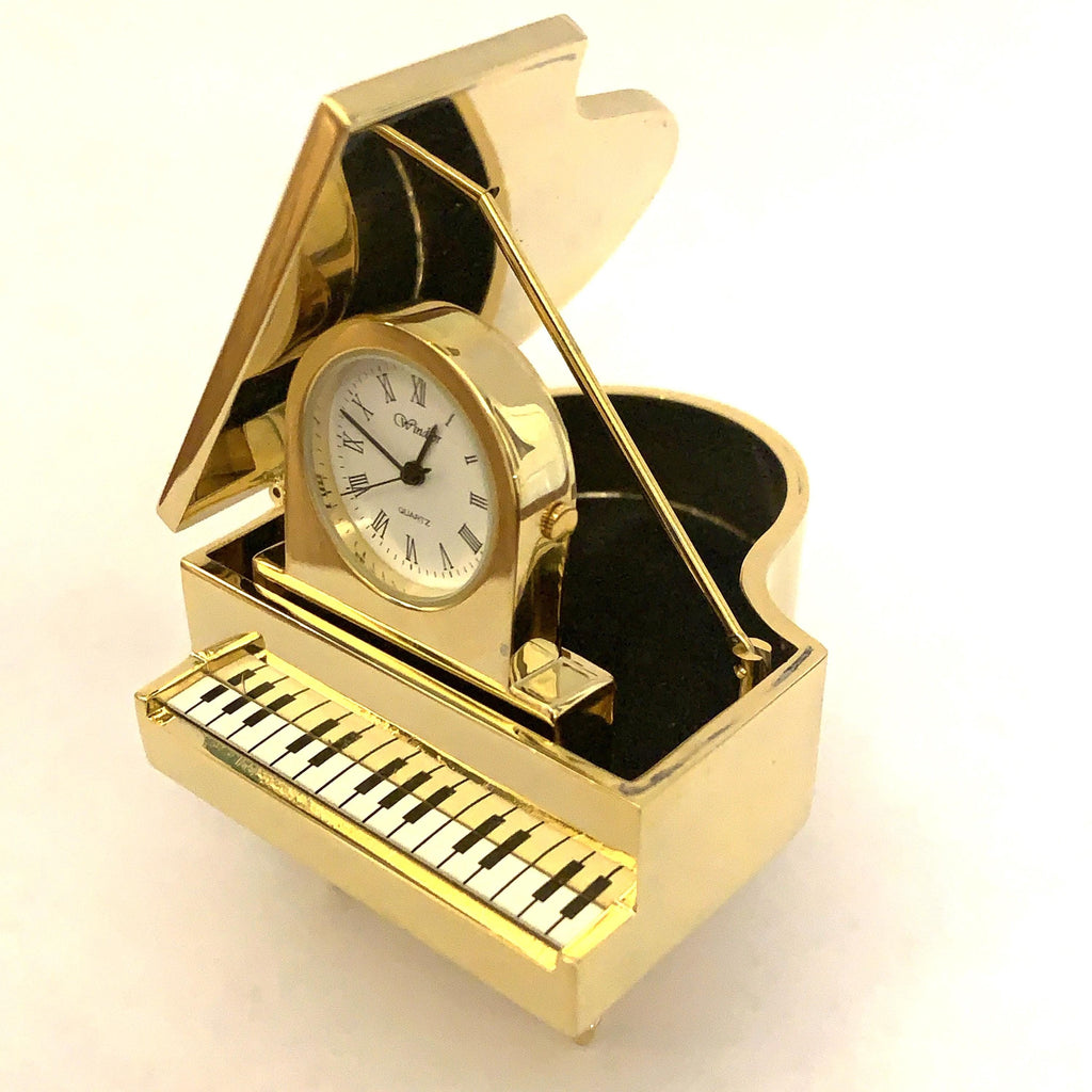 Windsor Grand Piano Desk Clock – Solid Brass, 1980s, Opening Lid, Roman Numerals