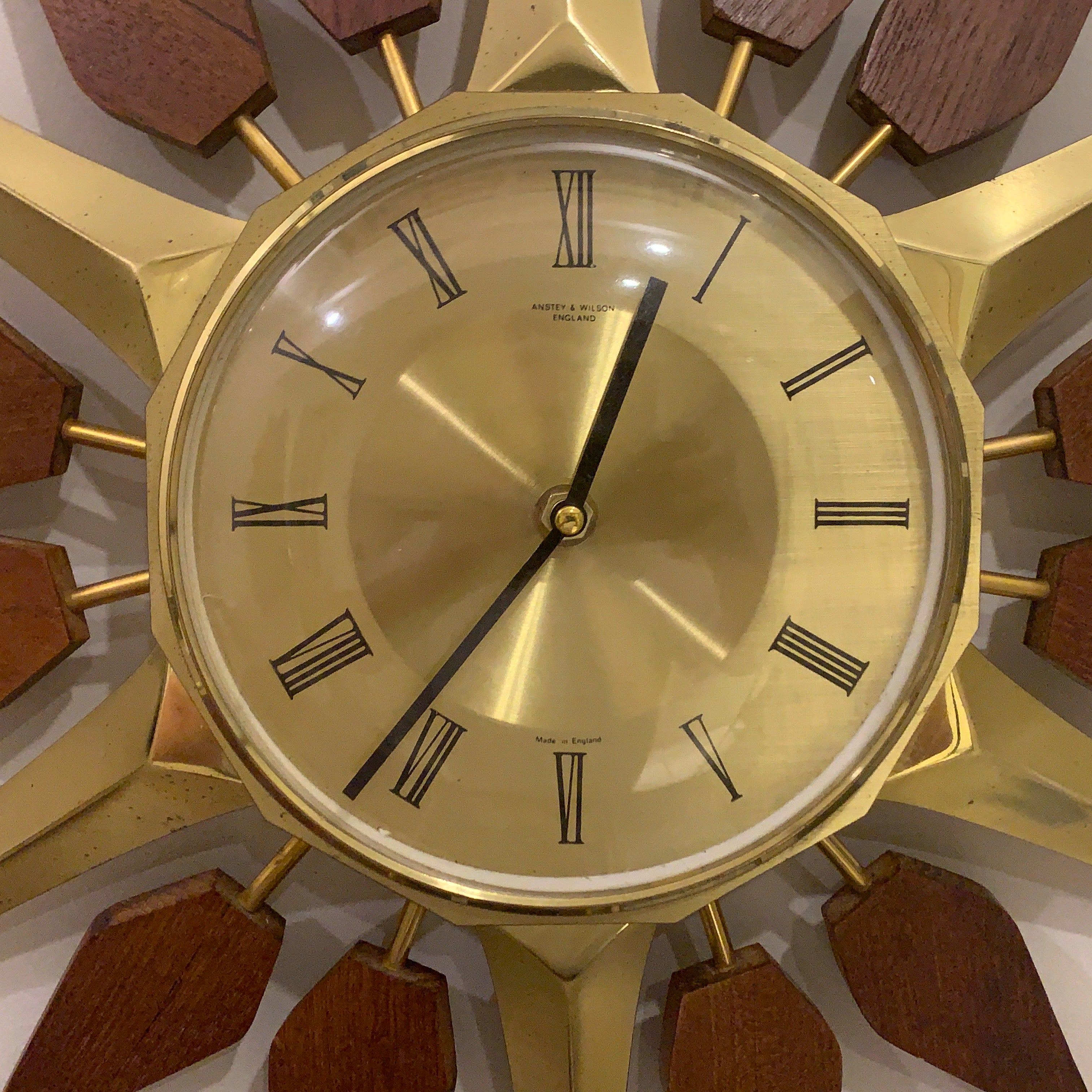 Anstey and Wilson Starburst Wall Clock – 1960s Brass Burmese Teak Fully Restored England 19 Inch