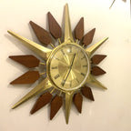 Anstey and Wilson Starburst Wall Clock – 1960s Brass Burmese Teak Fully Restored England 19 Inch