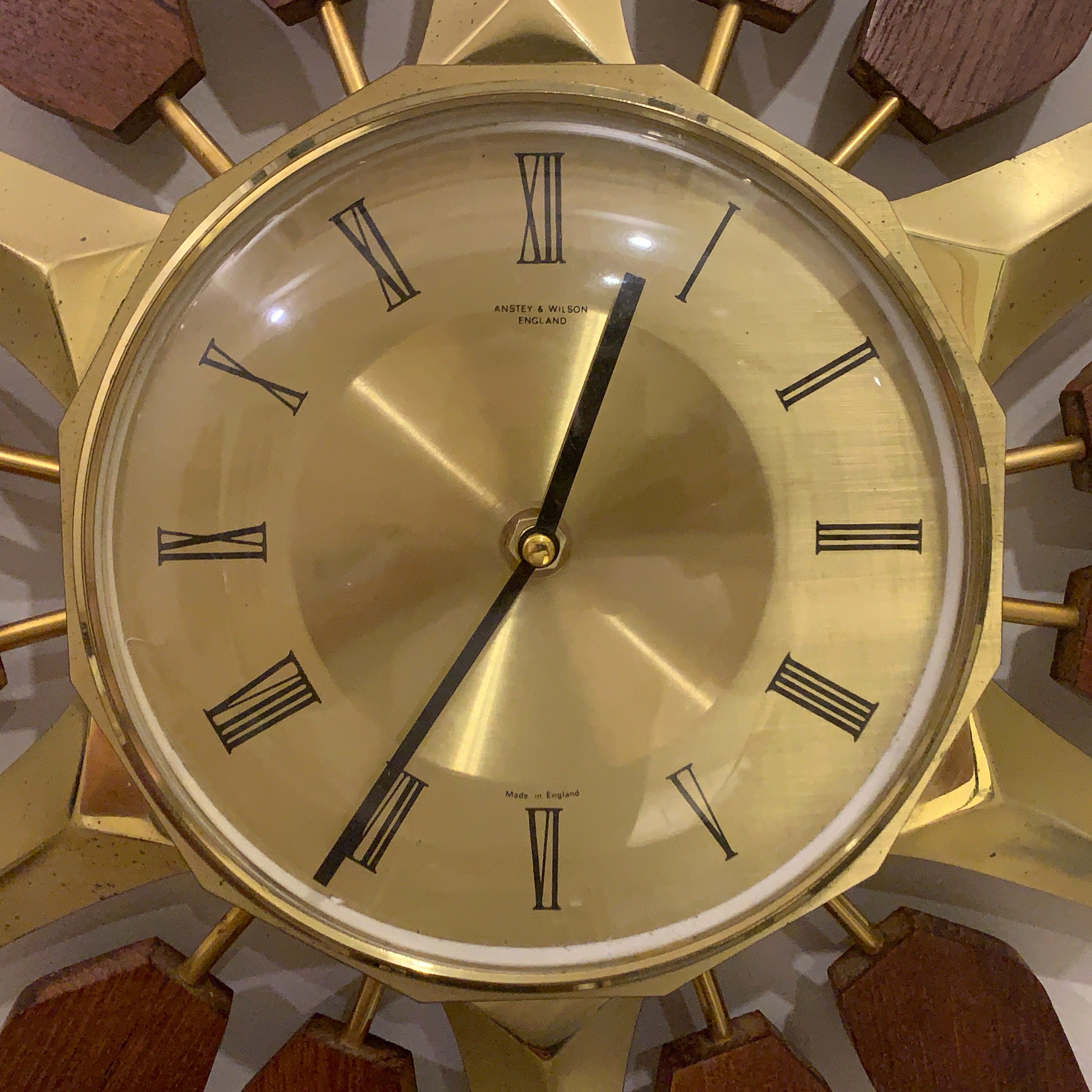 Anstey and Wilson Starburst Wall Clock – 1960s Brass Burmese Teak Fully Restored England 19 Inch