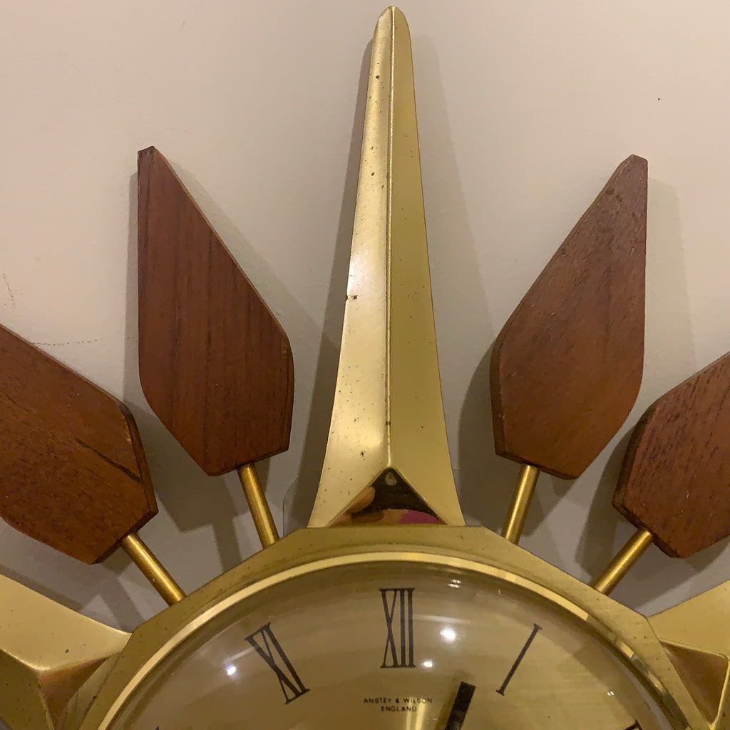 Anstey and Wilson Starburst Wall Clock – 1960s Brass Burmese Teak Fully Restored England 19 Inch