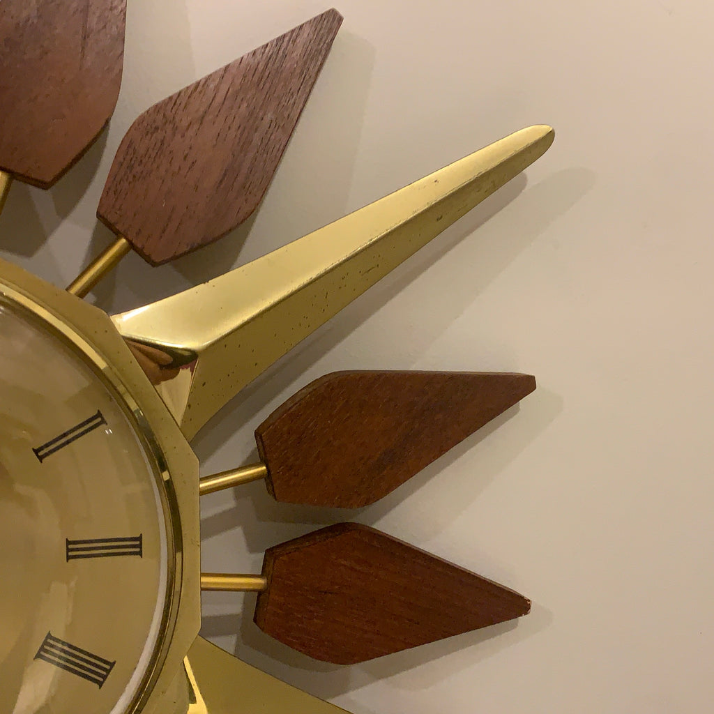 Anstey and Wilson Starburst Wall Clock – 1960s Brass Burmese Teak Fully Restored England 19 Inch
