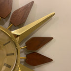 Anstey and Wilson Starburst Wall Clock – 1960s Brass Burmese Teak Fully Restored England 19 Inch