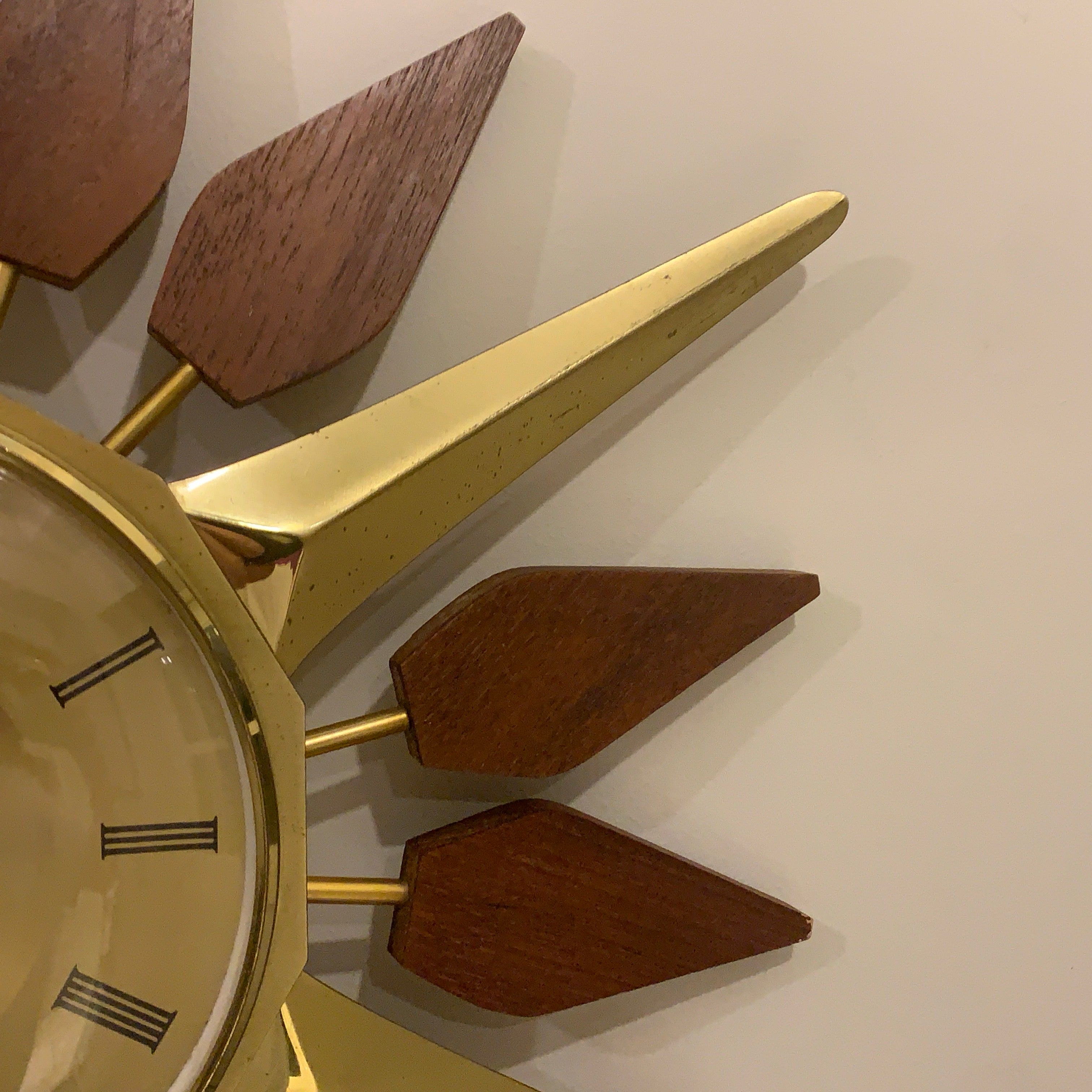 Anstey and Wilson Starburst Wall Clock – 1960s Brass Burmese Teak Fully Restored England 19 Inch