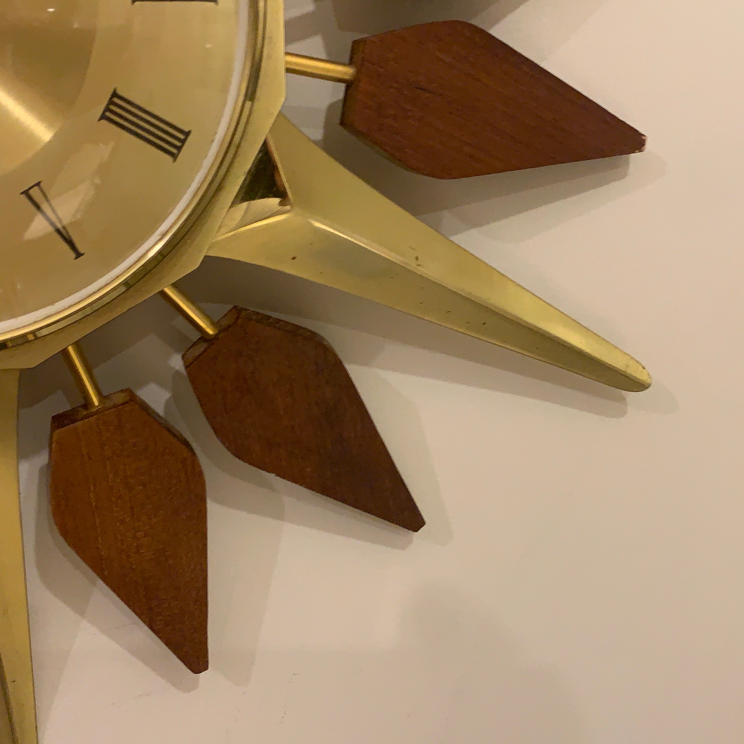 Anstey and Wilson Starburst Wall Clock – 1960s Brass Burmese Teak Fully Restored England 19 Inch