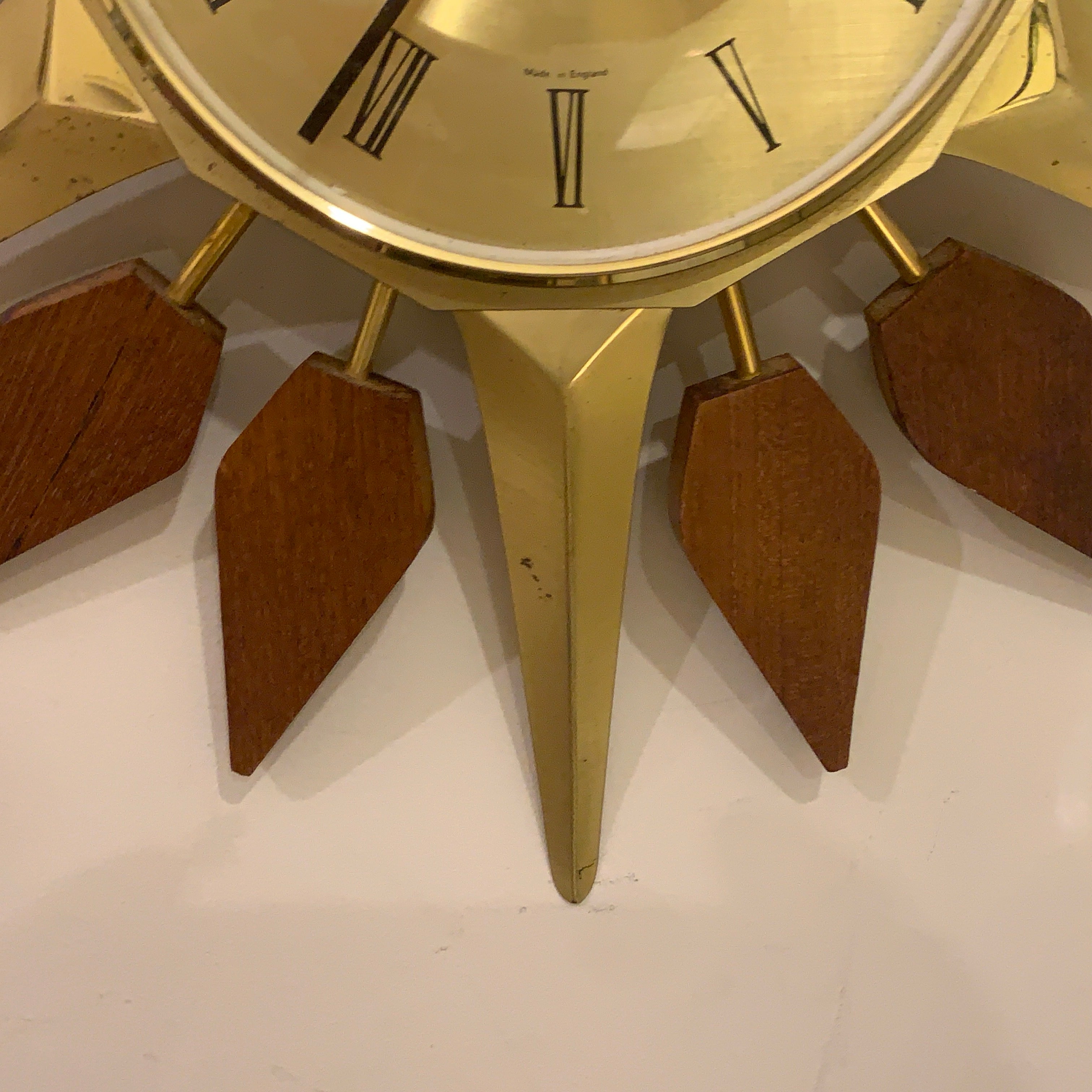 Anstey and Wilson Starburst Wall Clock – 1960s Brass Burmese Teak Fully Restored England 19 Inch