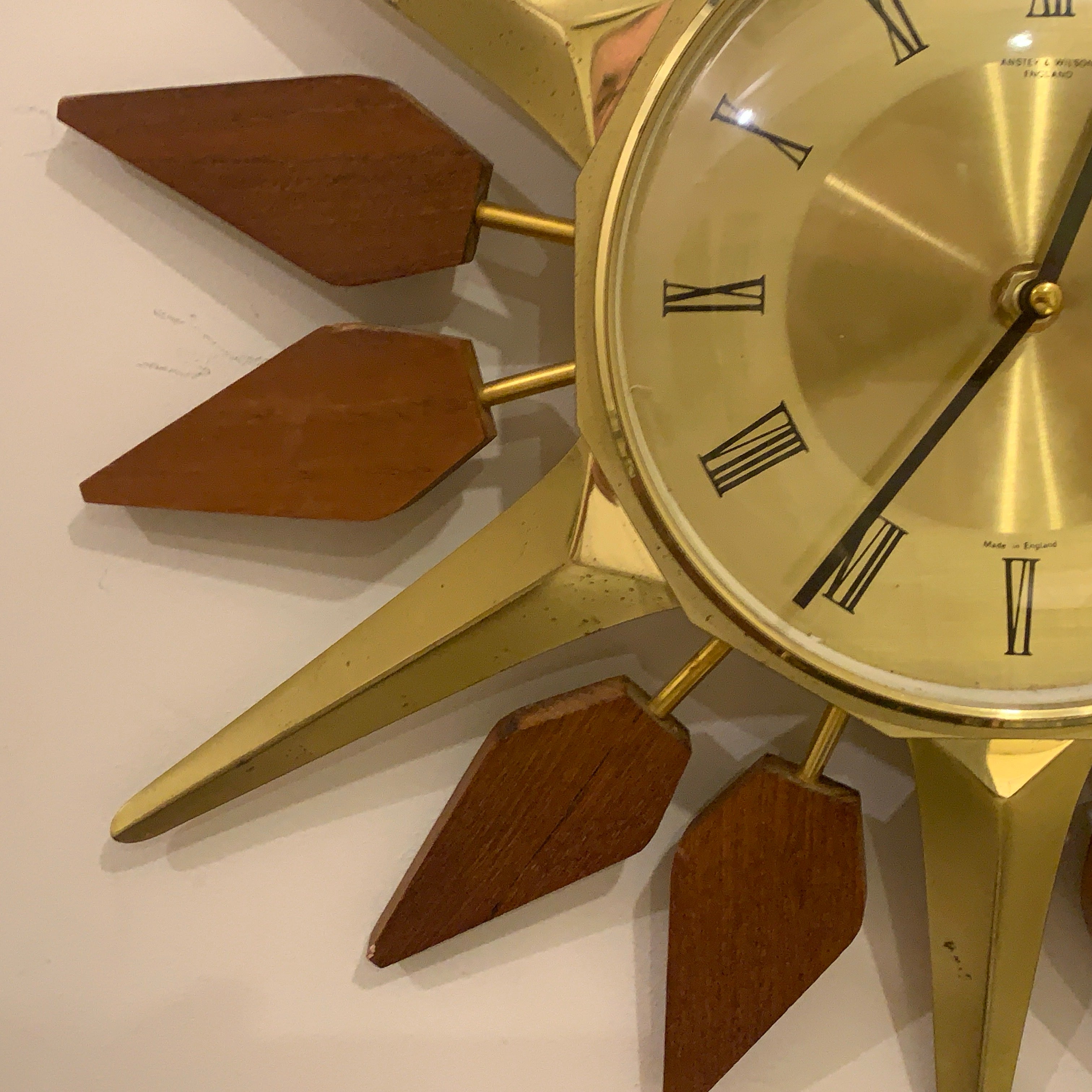 Anstey and Wilson Starburst Wall Clock – 1960s Brass Burmese Teak Fully Restored England 19 Inch