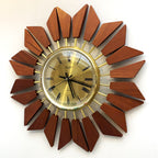 Anstey Wilson 1960s Teak Starburst Wall Clock, Geometric Sunburst, Silent Quartz