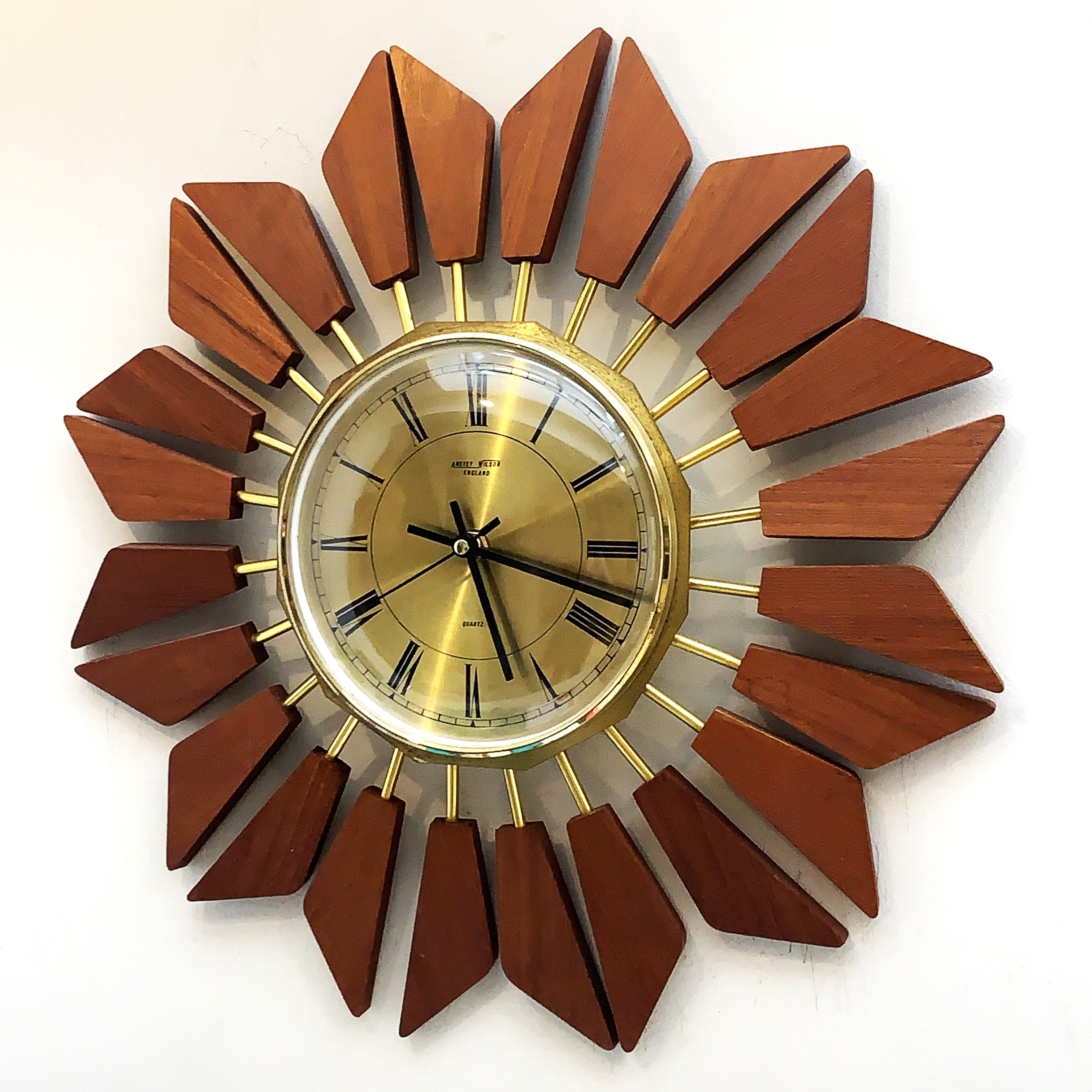 Anstey Wilson 1960s Teak Starburst Wall Clock, Geometric Sunburst, Silent Quartz