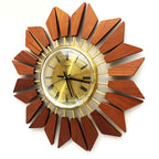 Anstey Wilson 1960s Teak Starburst Wall Clock, Geometric Sunburst, Silent Quartz
