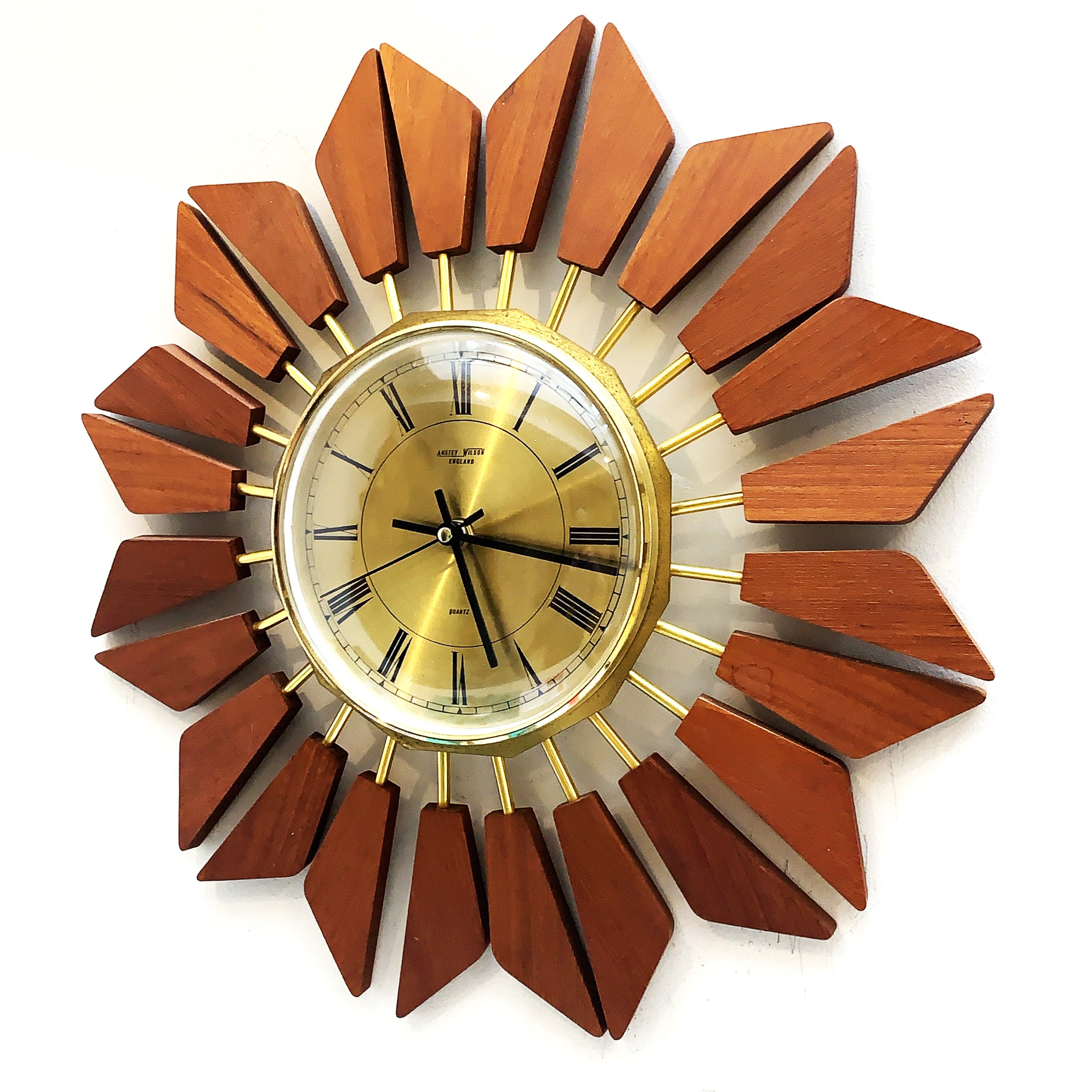 Anstey Wilson 1960s Teak Starburst Wall Clock, Geometric Sunburst, Silent Quartz
