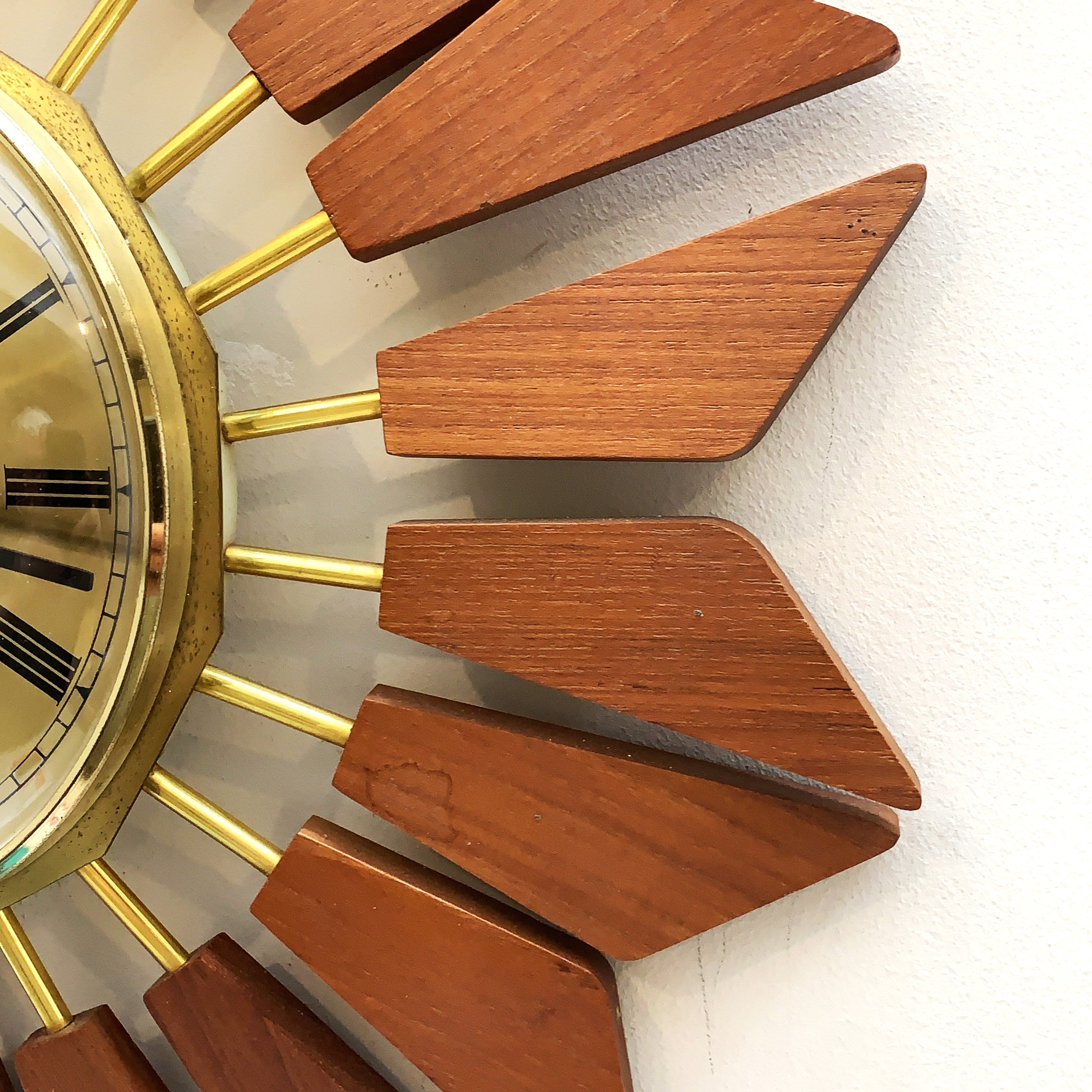 Anstey Wilson 1960s Teak Starburst Wall Clock, Geometric Sunburst, Silent Quartz