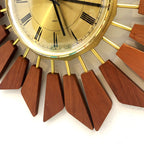 Anstey Wilson 1960s Teak Starburst Wall Clock, Geometric Sunburst, Silent Quartz