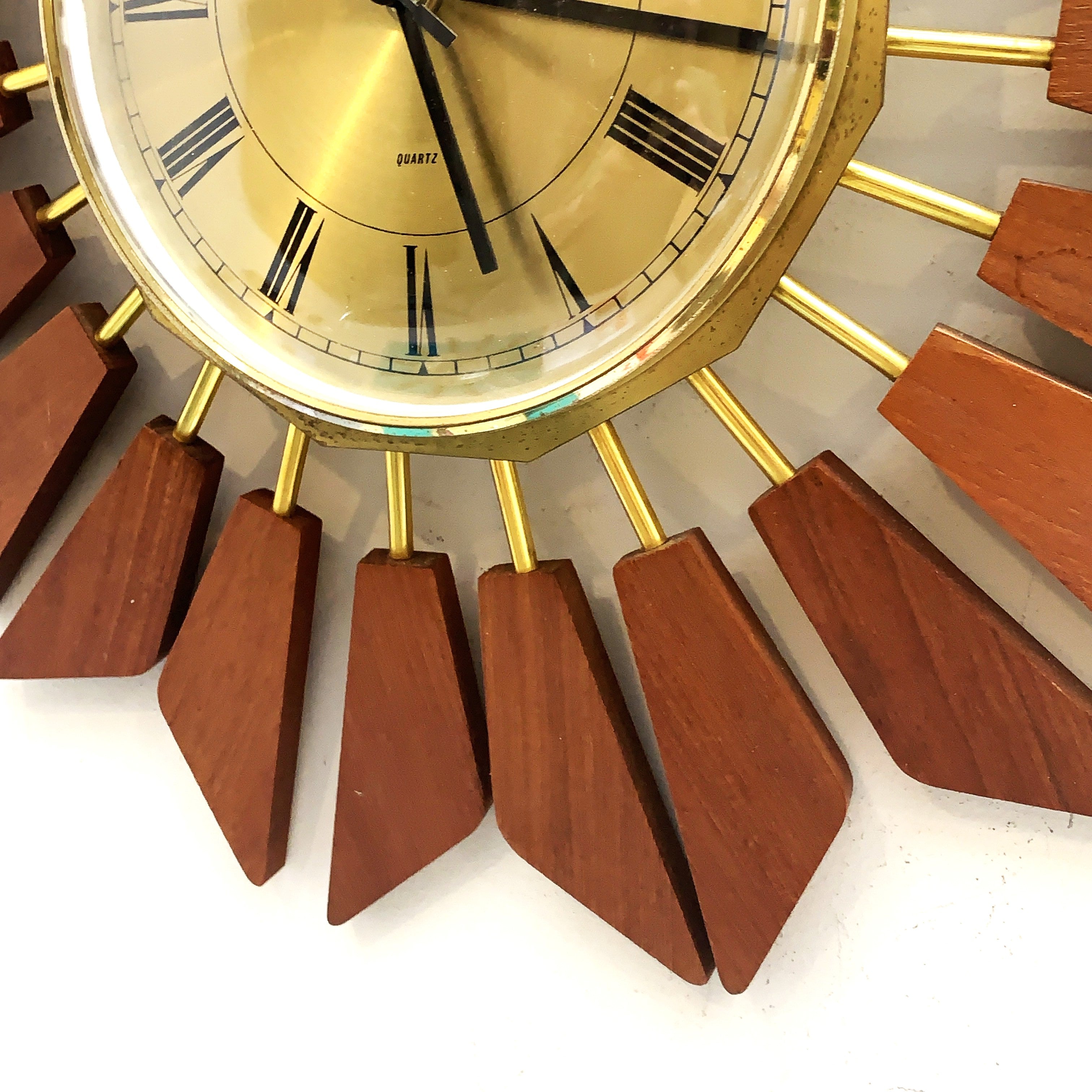 Anstey Wilson 1960s Teak Starburst Wall Clock, Geometric Sunburst, Silent Quartz