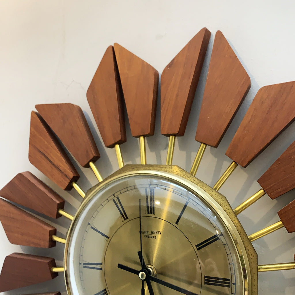 Anstey Wilson 1960s Teak Starburst Wall Clock, Geometric Sunburst, Silent Quartz