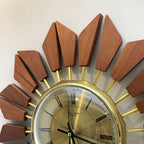 Anstey Wilson 1960s Teak Starburst Wall Clock, Geometric Sunburst, Silent Quartz