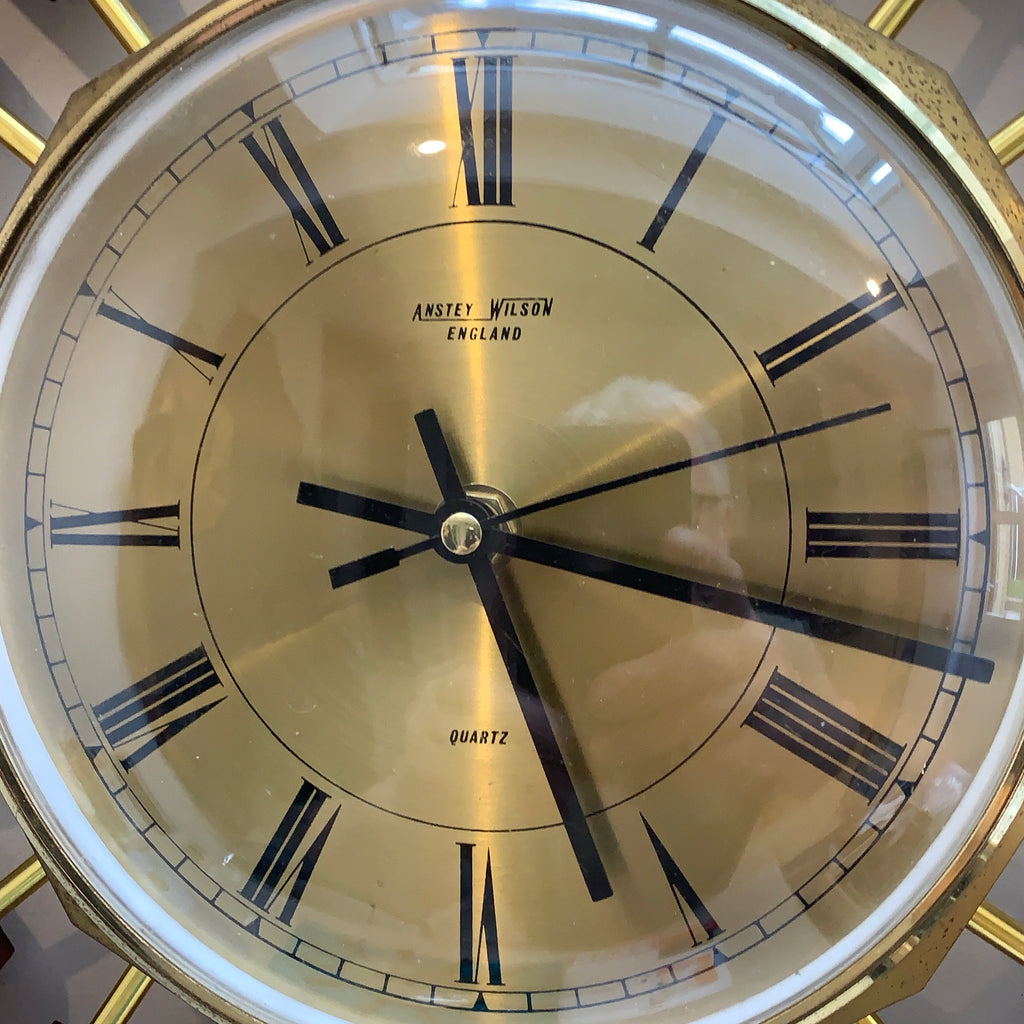 Anstey Wilson 1960s Teak Starburst Wall Clock, Geometric Sunburst, Silent Quartz