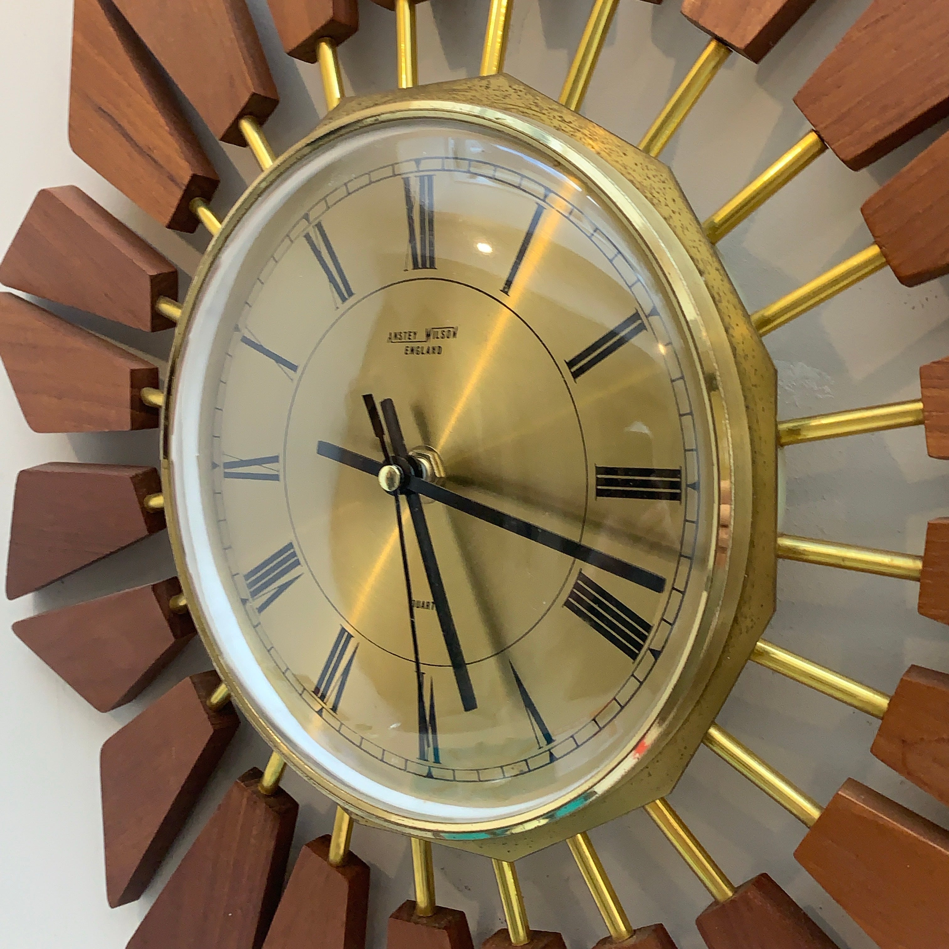 Anstey Wilson 1960s Teak Starburst Wall Clock, Geometric Sunburst, Silent Quartz