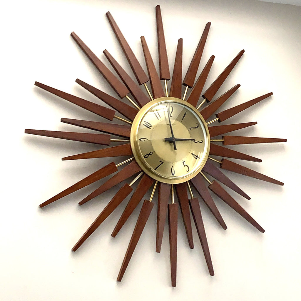 Anstey & Wilson Large Starburst Clock — Teak & Brass, 62cm, 1960s