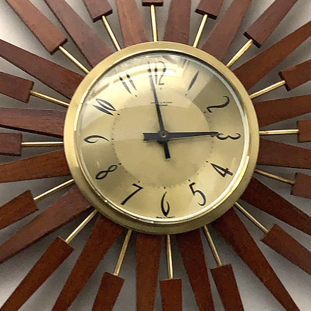 Anstey & Wilson Large Starburst Clock — Teak & Brass, 62cm, 1960s