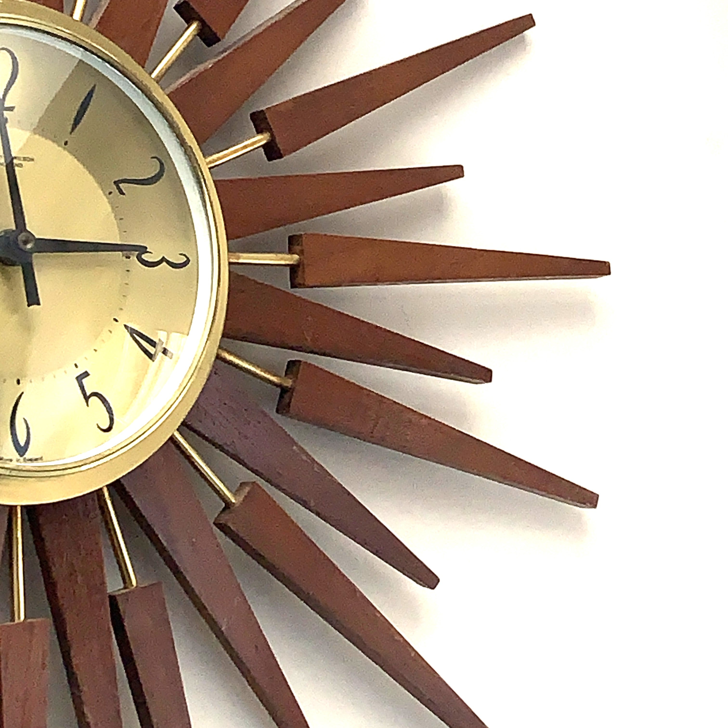 Anstey & Wilson Large Starburst Clock — Teak & Brass, 62cm, 1960s