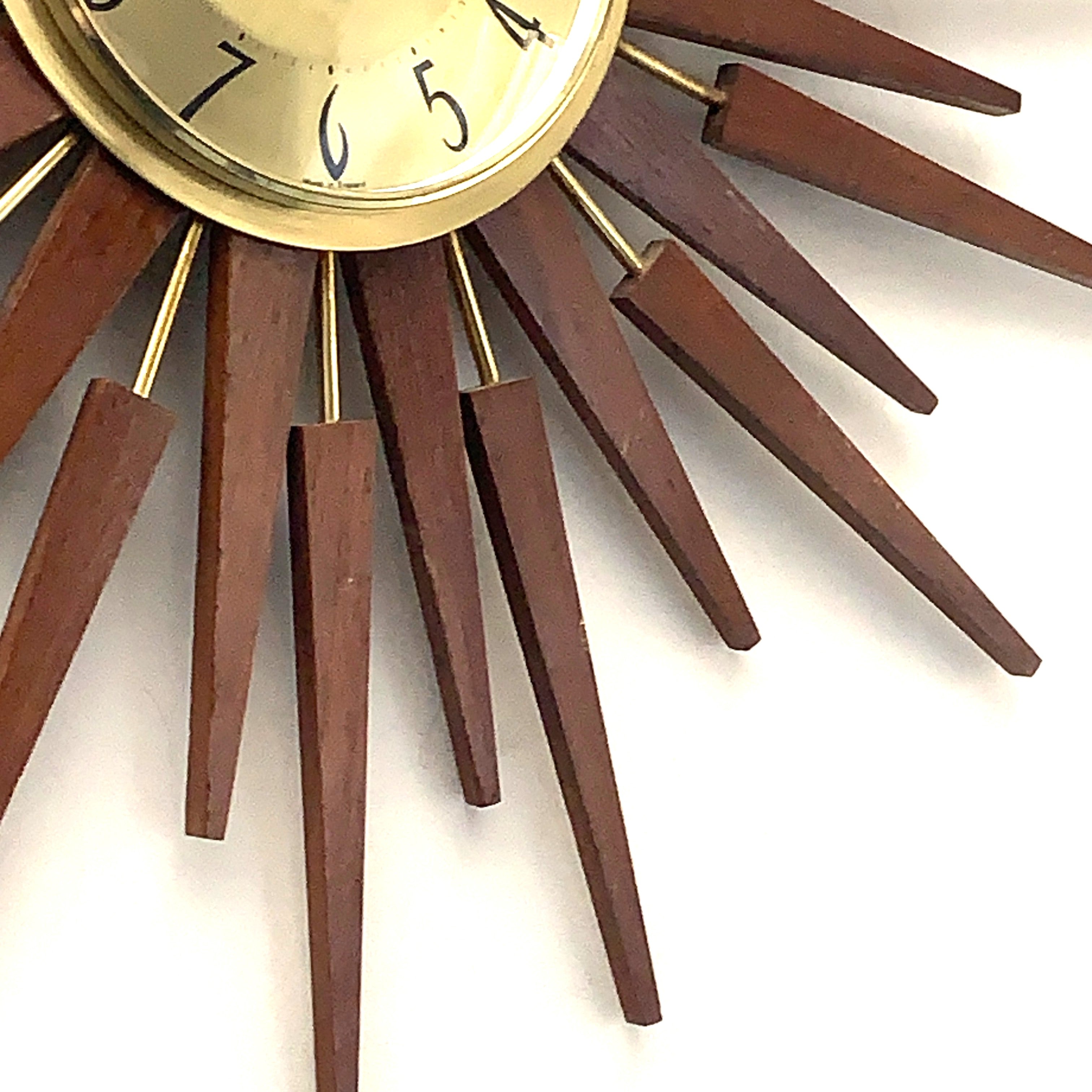 Anstey & Wilson Large Starburst Clock — Teak & Brass, 62cm, 1960s