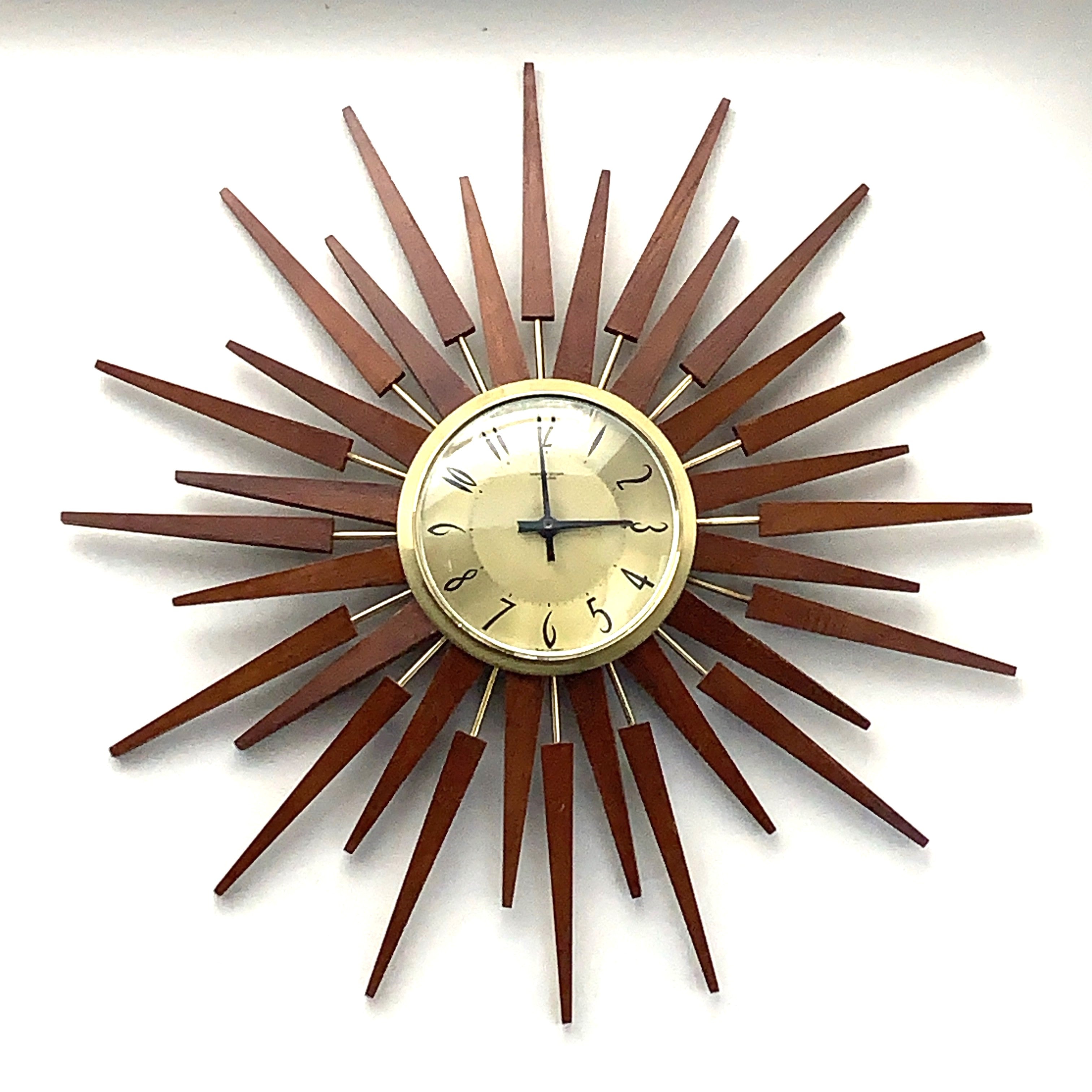 Anstey & Wilson Large Starburst Clock — Teak & Brass, 62cm, 1960s
